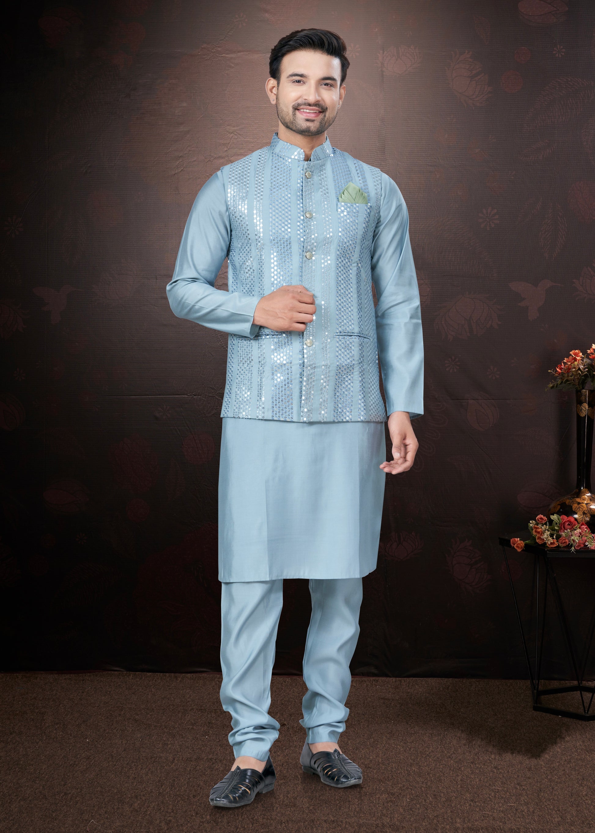 Light Blue Pure Silk Mirror Work Jacket Kurta Pajama Set