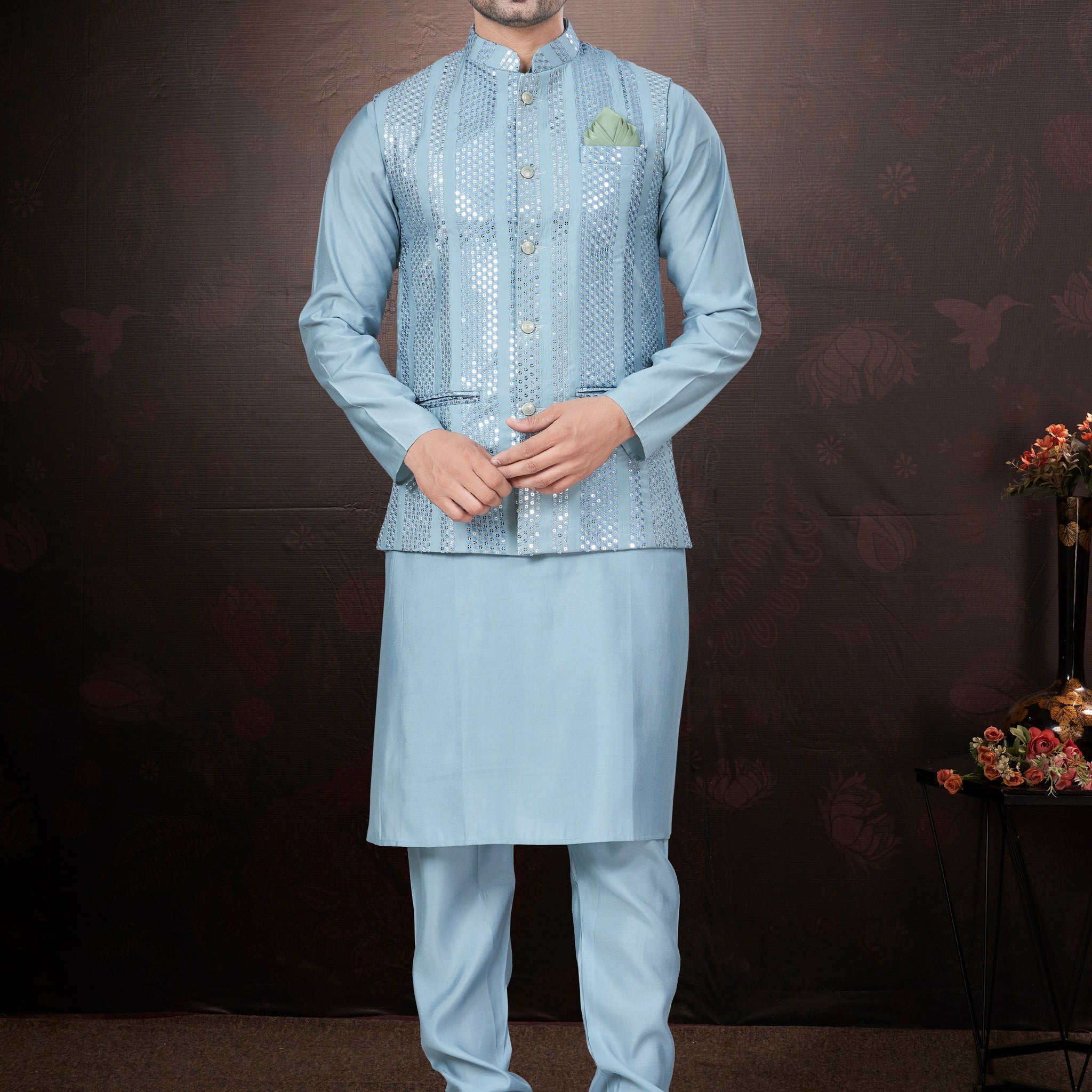 Light Blue Pure Silk Mirror Work Jacket Kurta Pajama Set