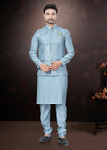 Light Blue Pure Silk Mirror Work Jacket Kurta Pajama Set