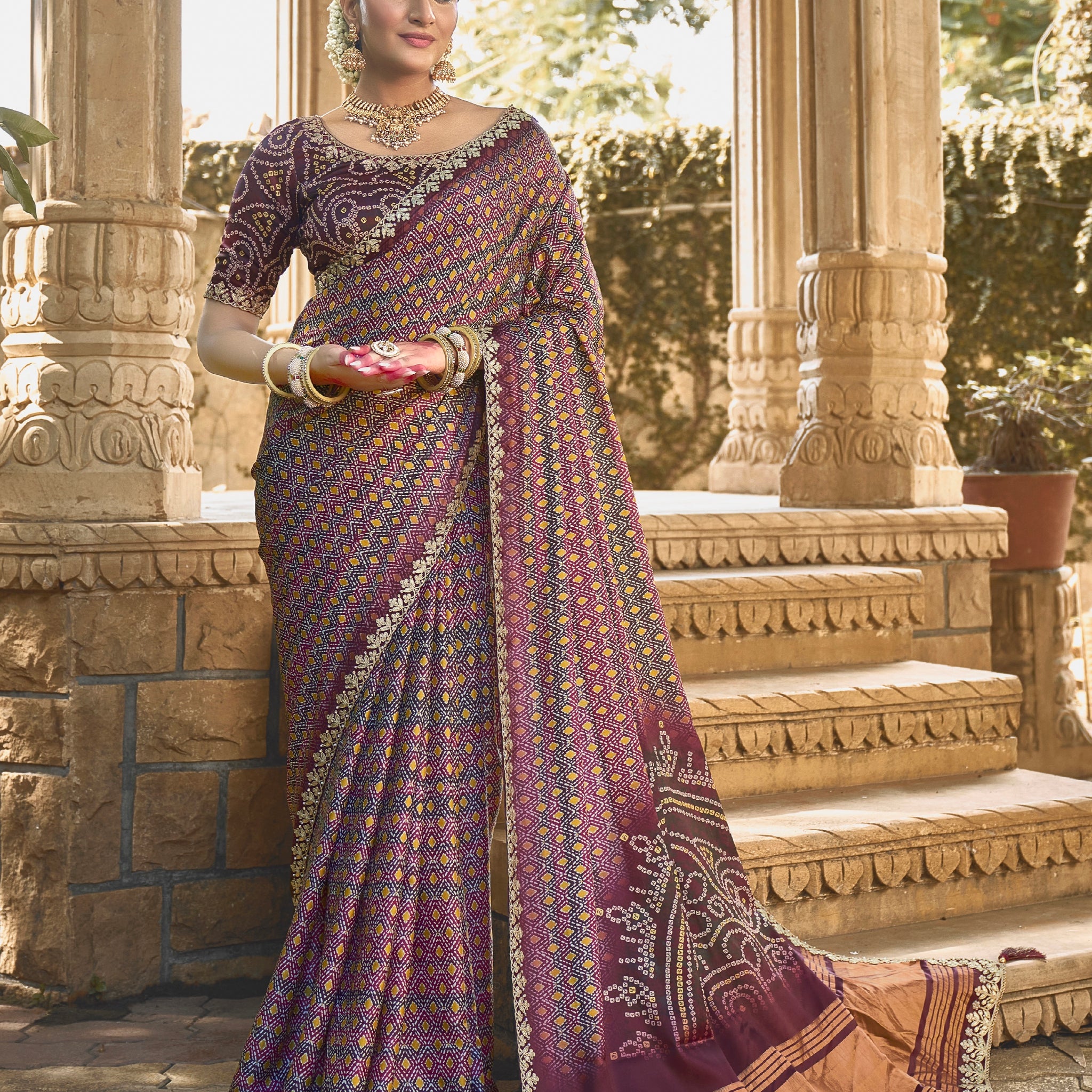 Maroon Gajji Silk Saree with Foil and Handwork