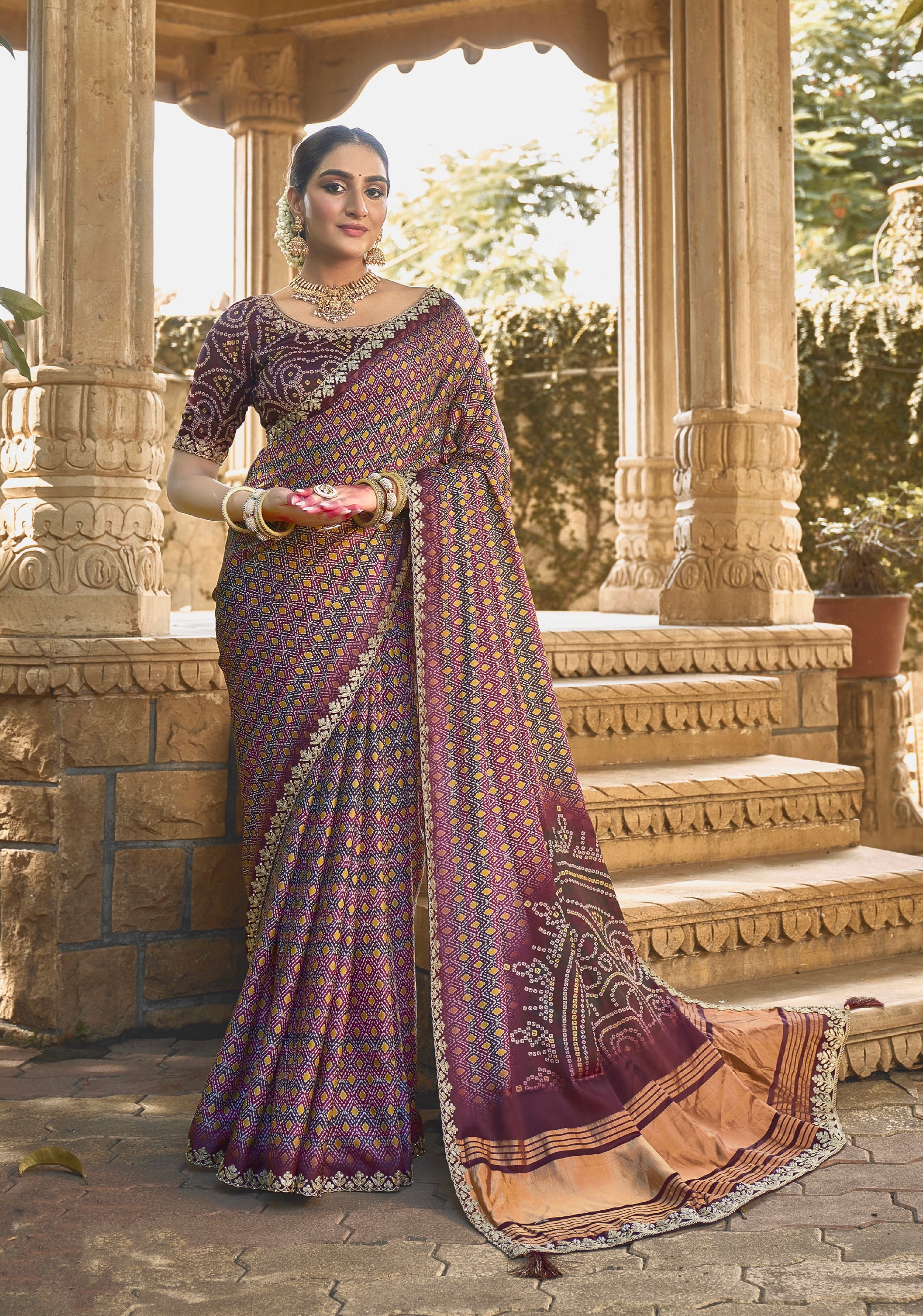 Maroon Gajji Silk Saree with Foil and Handwork