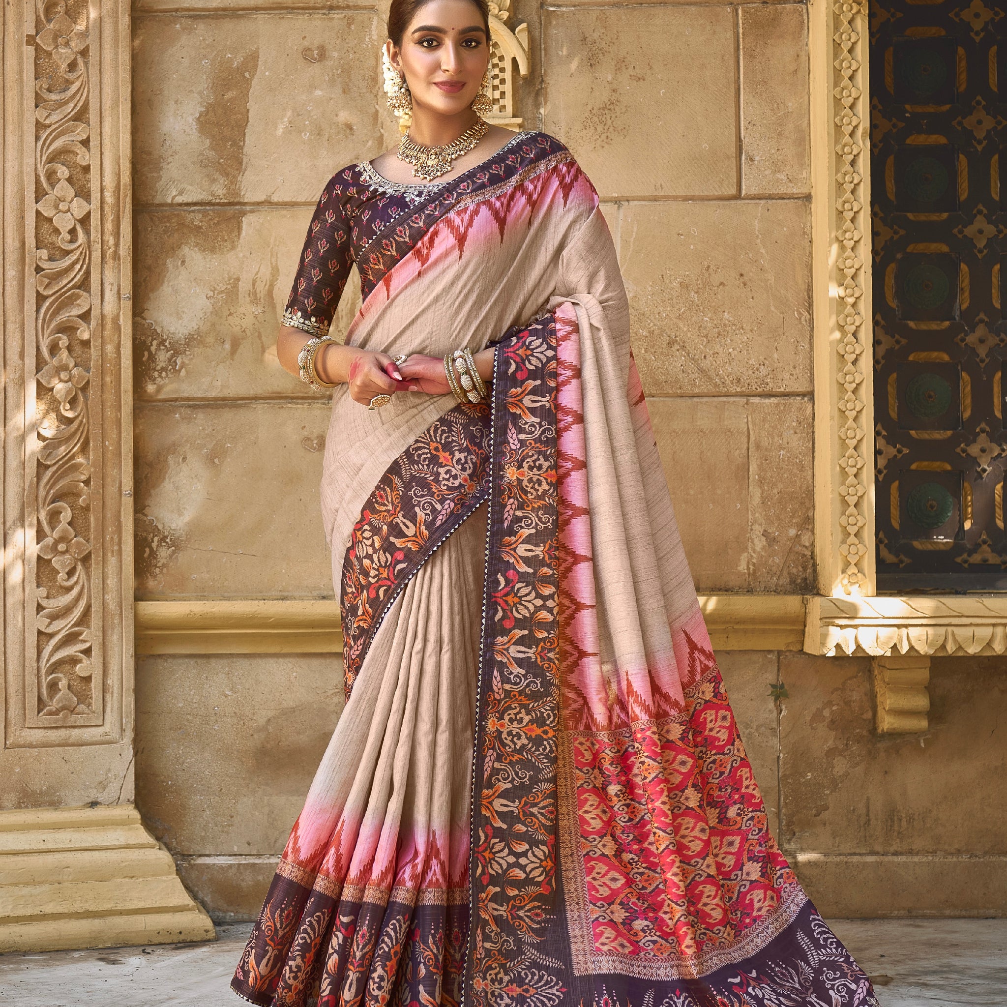 Beige Bhagalpuri Silk Saree with Pure Gota Work