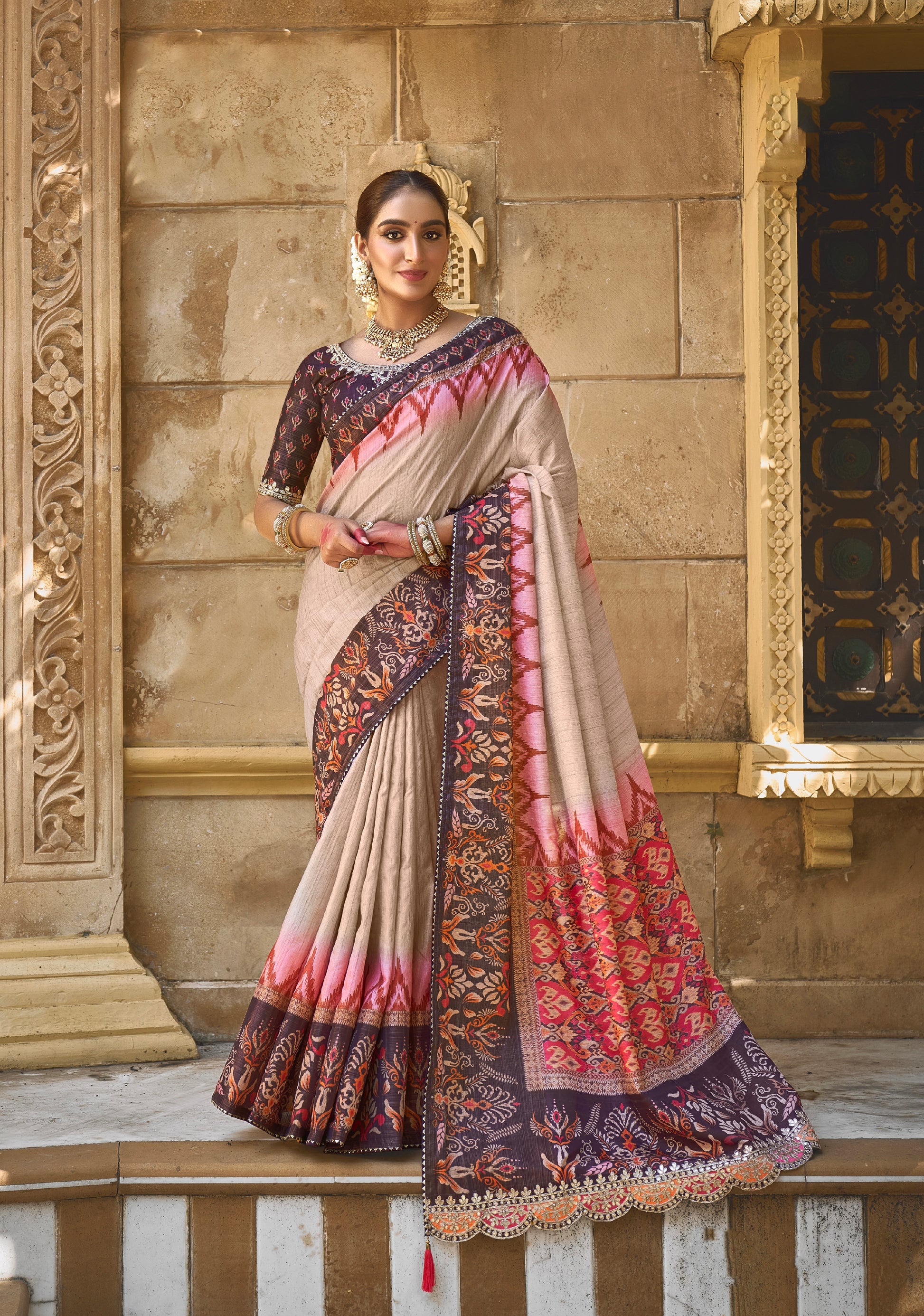 Beige Bhagalpuri Silk Saree with Pure Gota Work