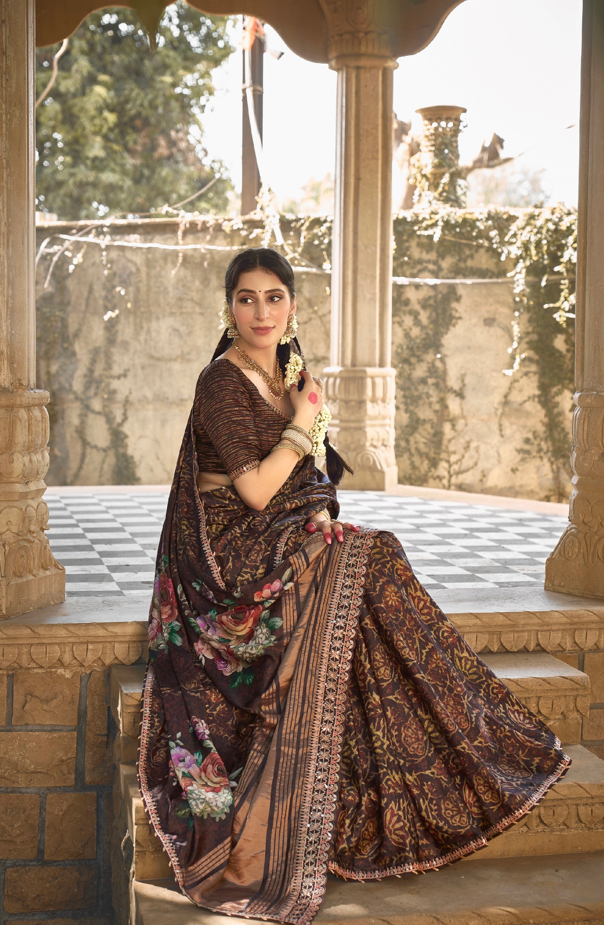 Brown Gajji Silk Saree with Gota and Minakari Work