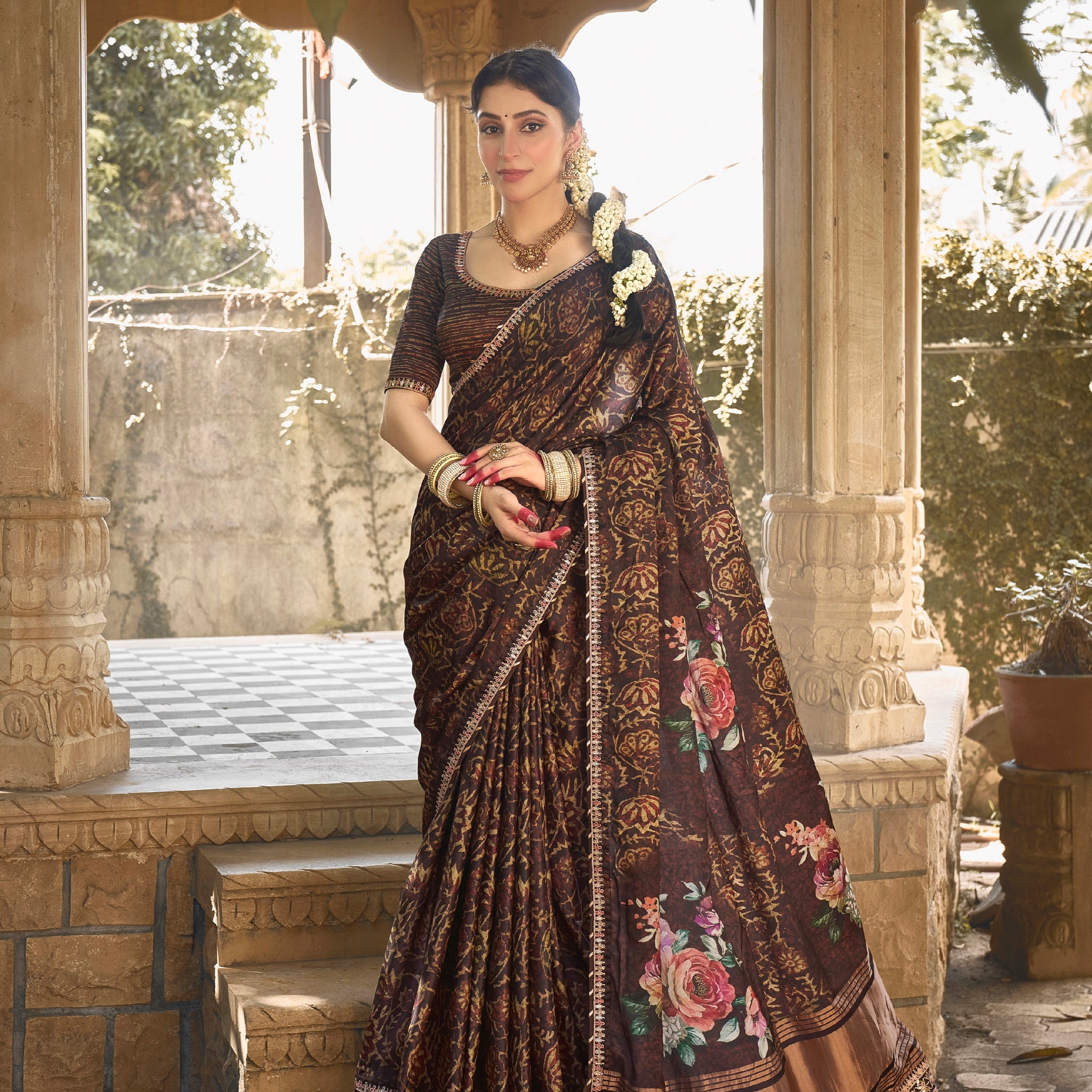 Brown Gajji Silk Saree with Gota and Minakari Work