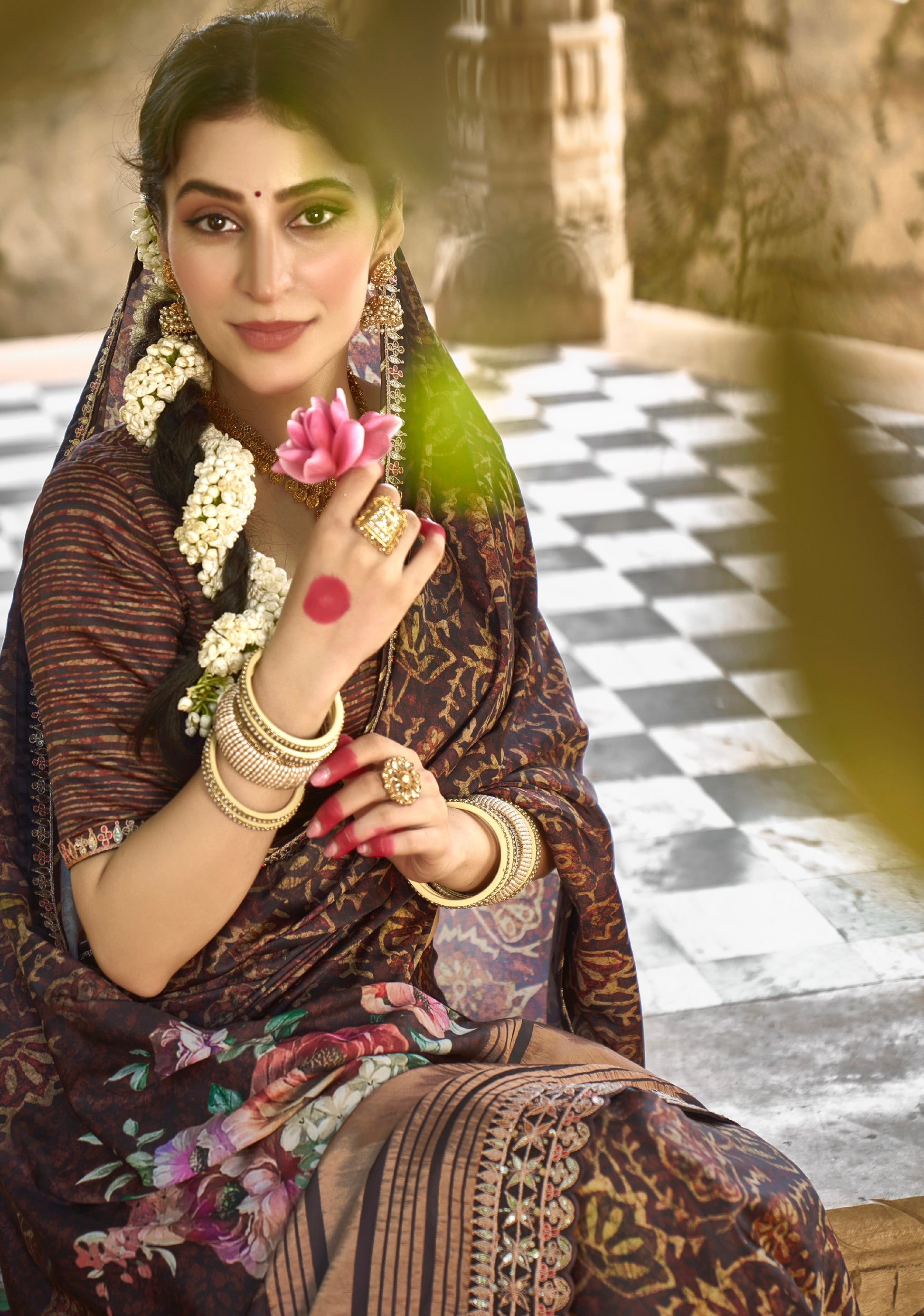 Brown Gajji Silk Saree with Gota and Minakari Work