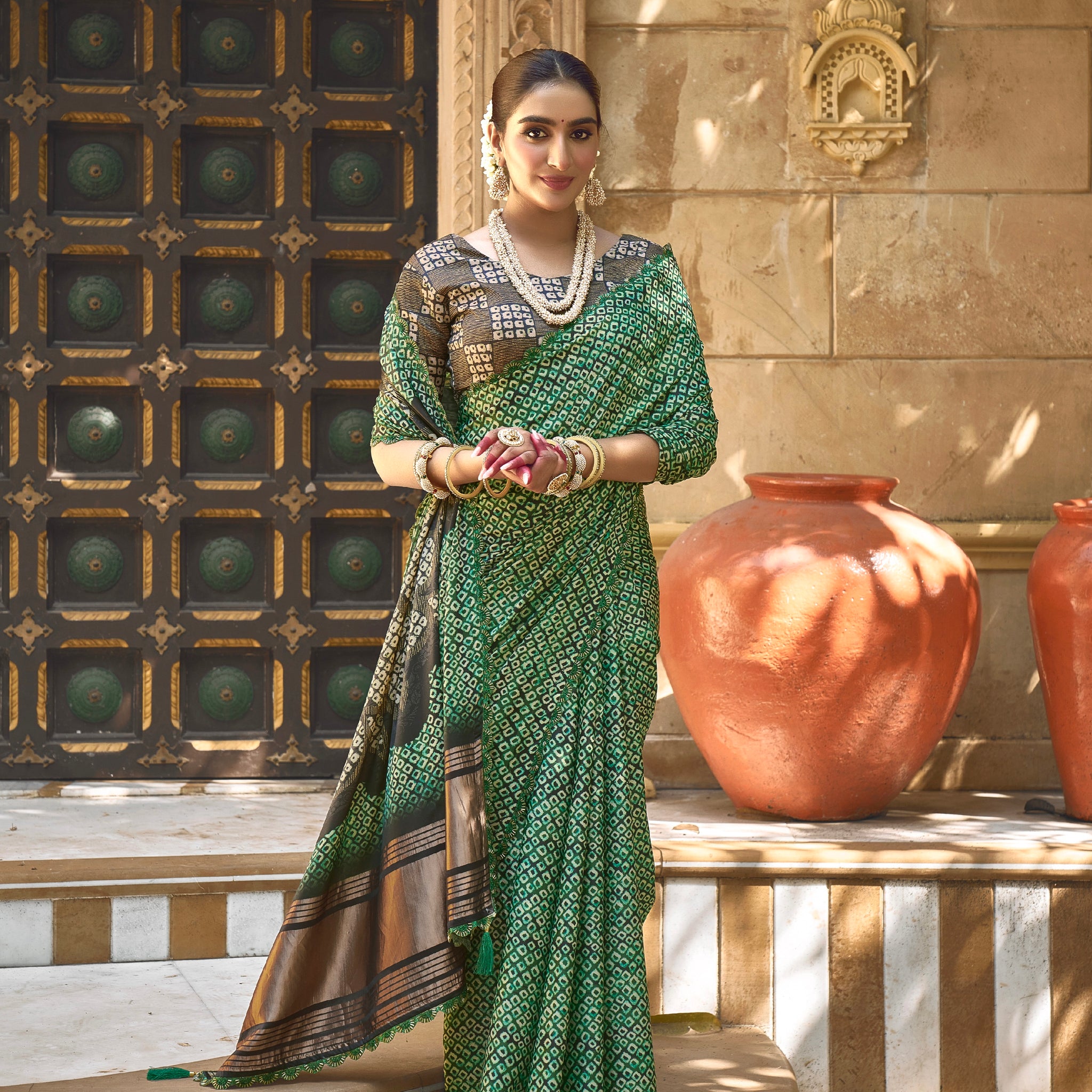 Green Gajji Silk Saree with Pure Handwork