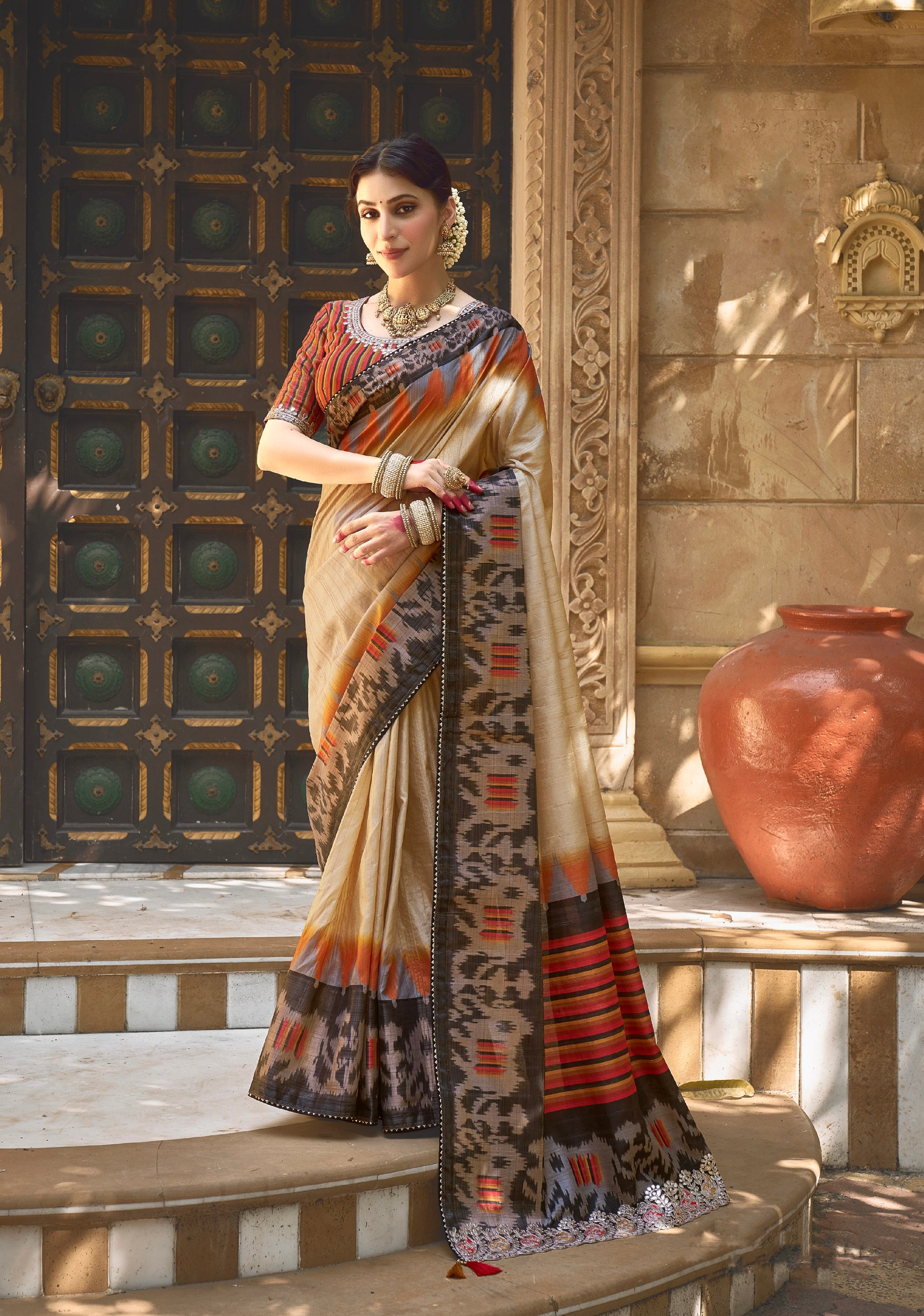 Beige Bhagalpuri Silk Saree with Pure Gota Work