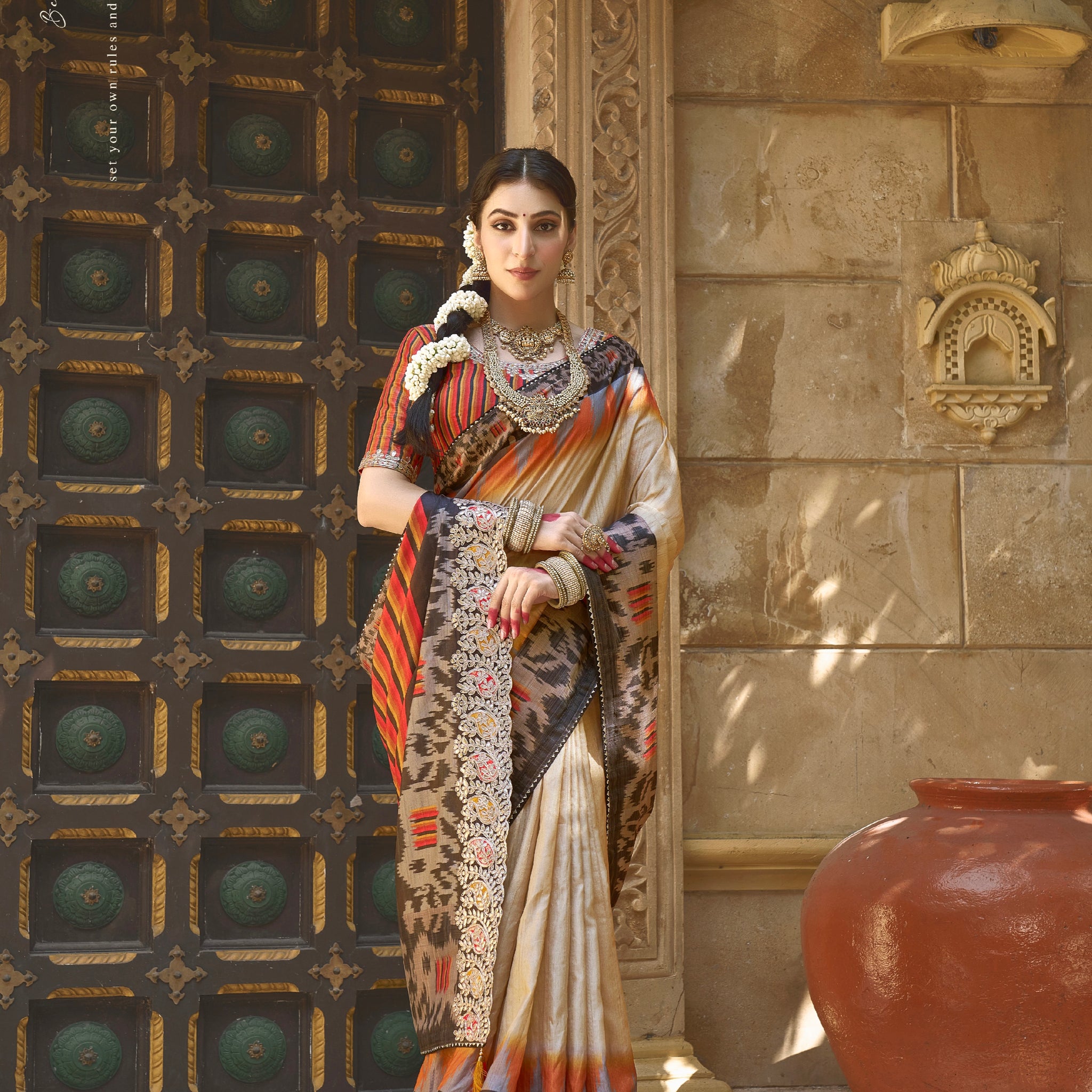 Beige Bhagalpuri Silk Saree with Pure Gota Work