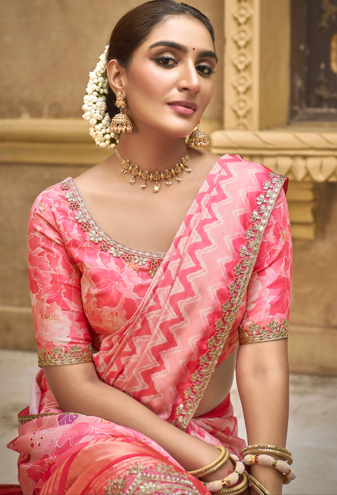 Pink Gajji Silk Saree with Foil and Moti Work