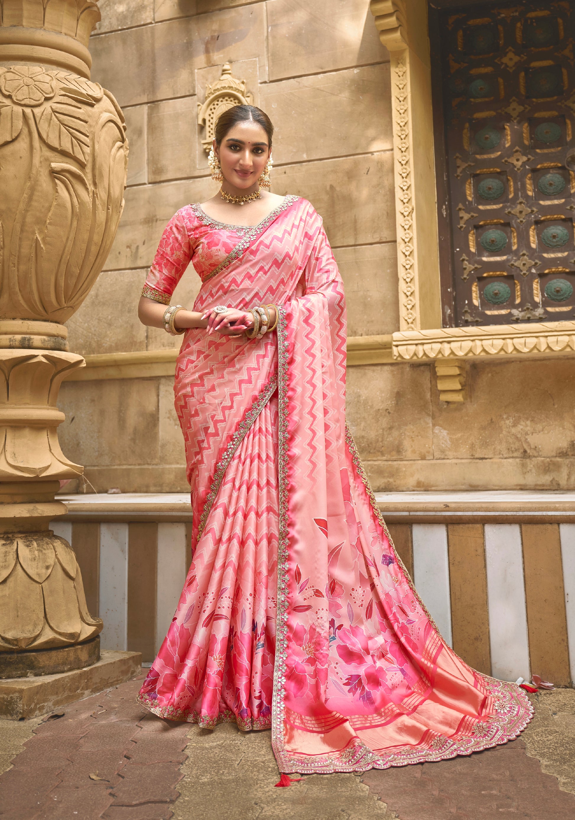 Pink Gajji Silk Saree with Foil and Moti Work