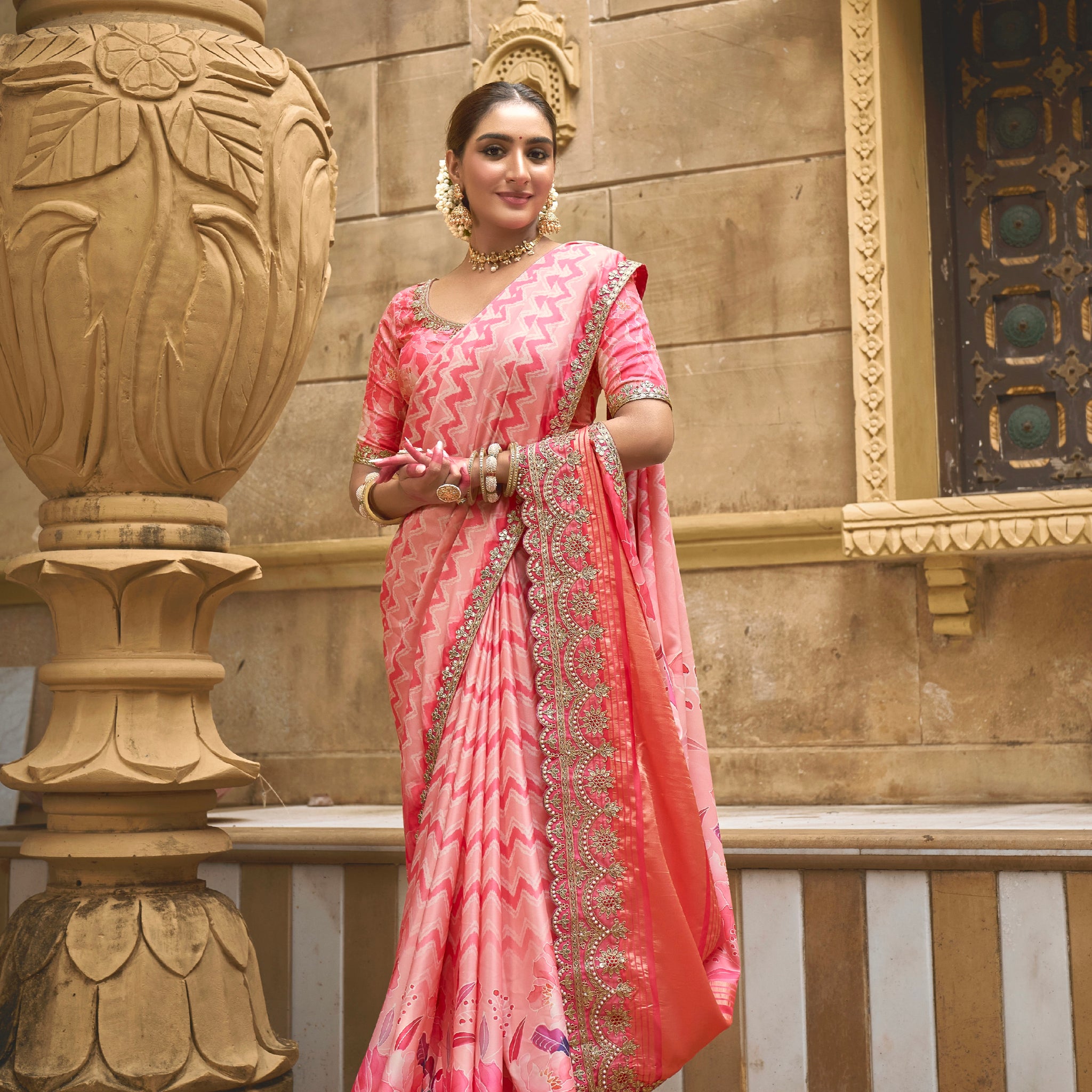 Pink Gajji Silk Saree with Foil and Moti Work