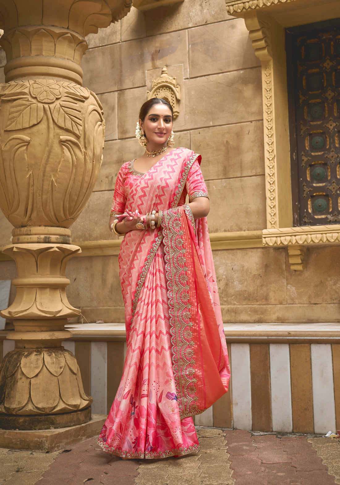 Pink Gajji Silk Saree with Foil and Moti Work