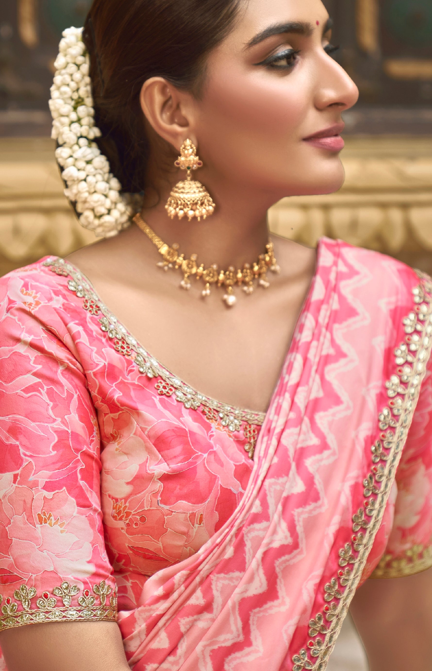 Pink Gajji Silk Saree with Foil and Moti Work