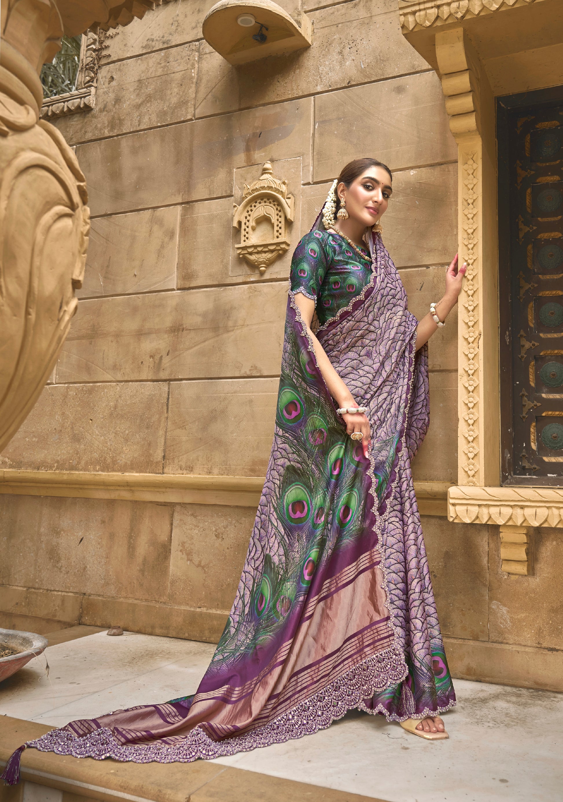 Lavender Gajji Silk Saree with Diamond and Handwork