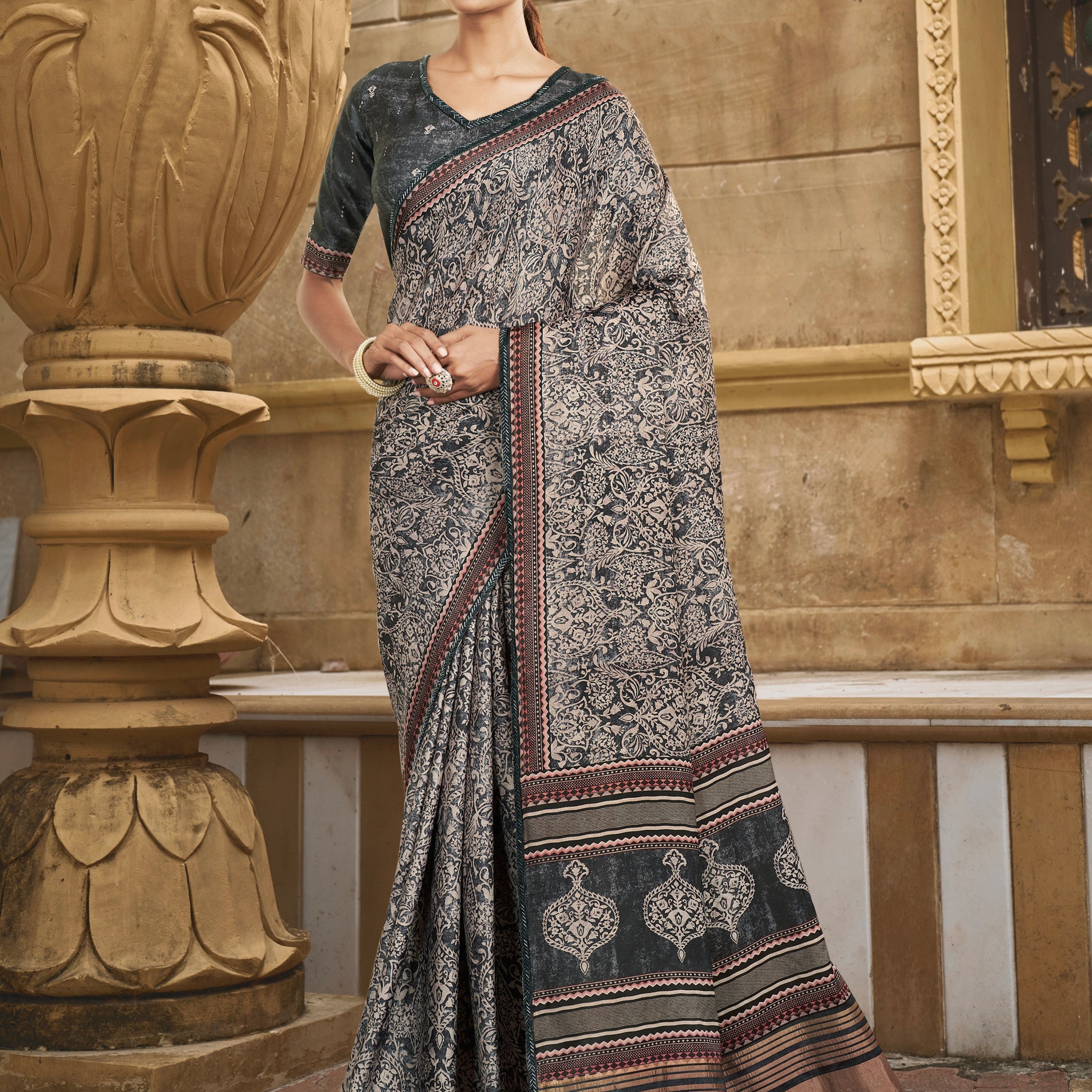 Grey Gajji Silk Saree with Paisley Print and Handwork Border