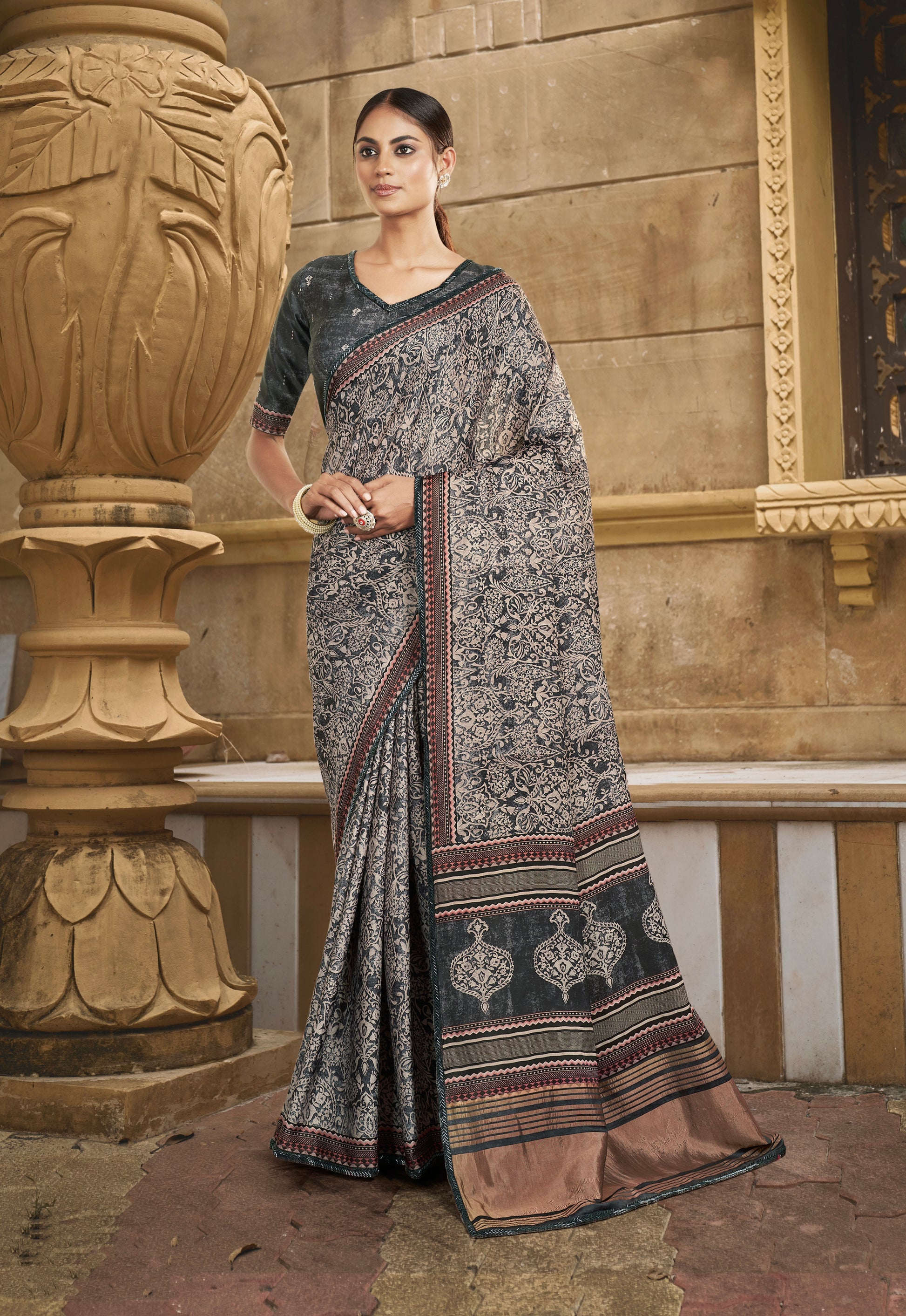 Grey Gajji Silk Saree with Paisley Print and Handwork Border