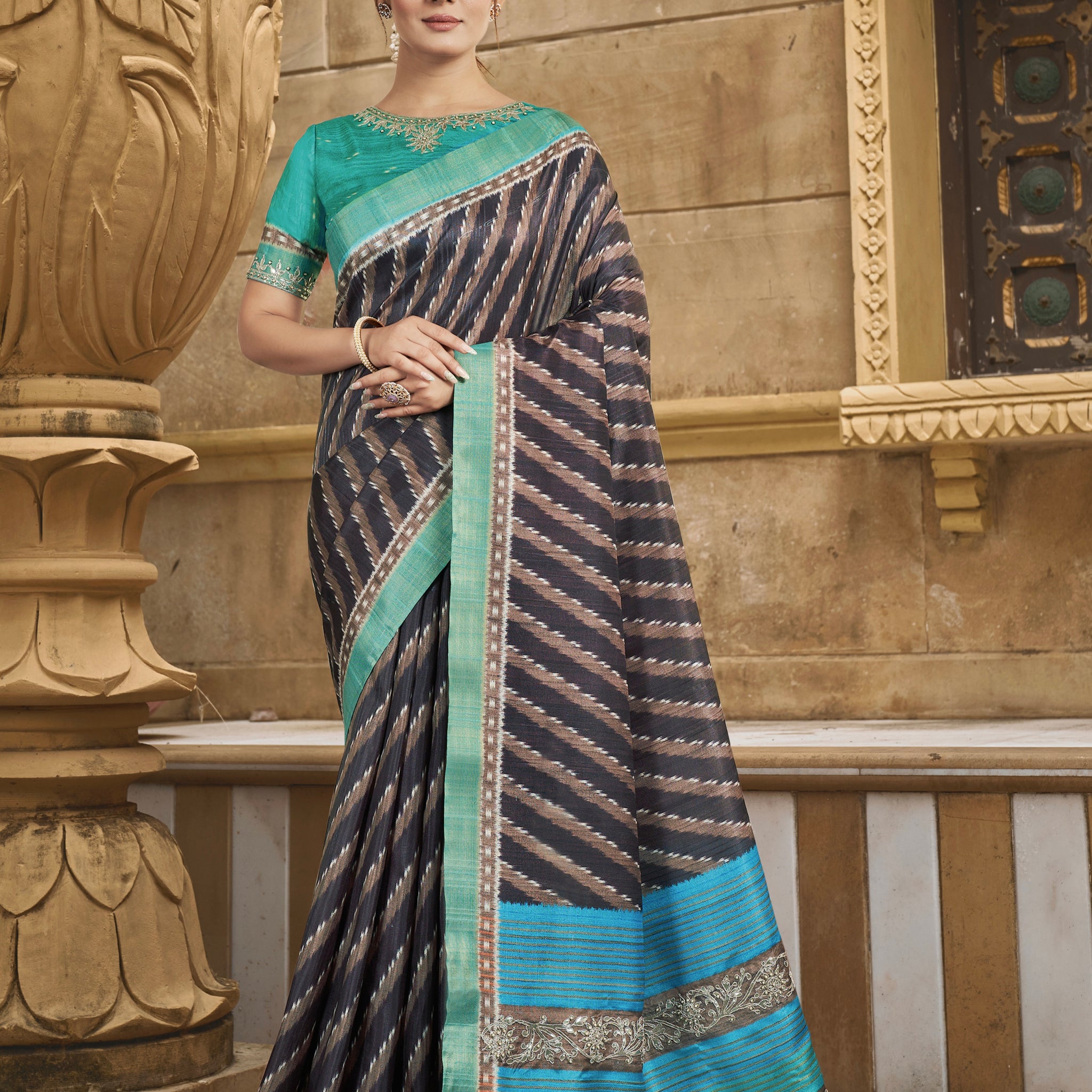 Teal Gajji Silk Saree with Stripe Print, Stone Work, and Handwork