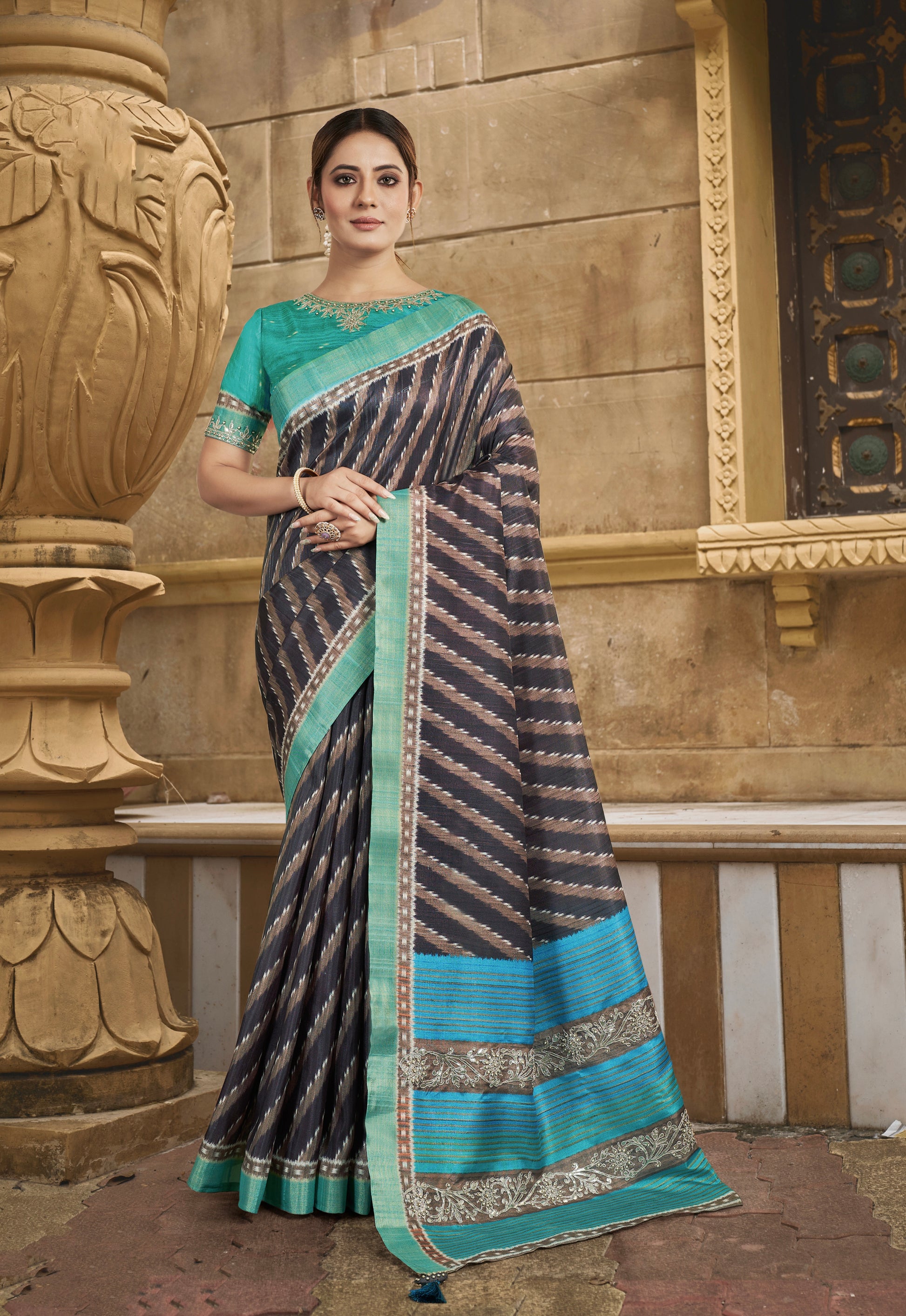 Teal Gajji Silk Saree with Stripe Print, Stone Work, and Handwork