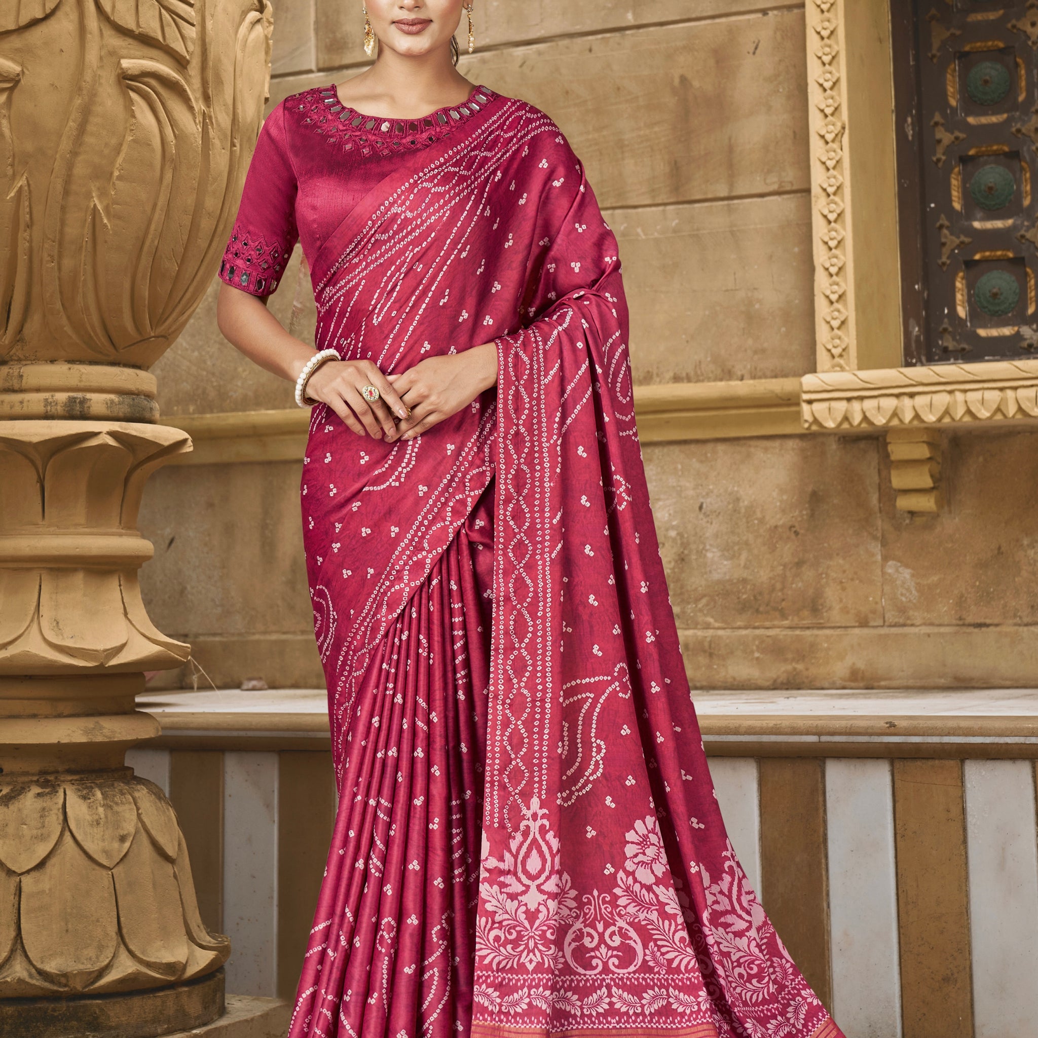 Pink Bandhani Print Gajji Silk Saree with Mirror Handwork and Handwork Border