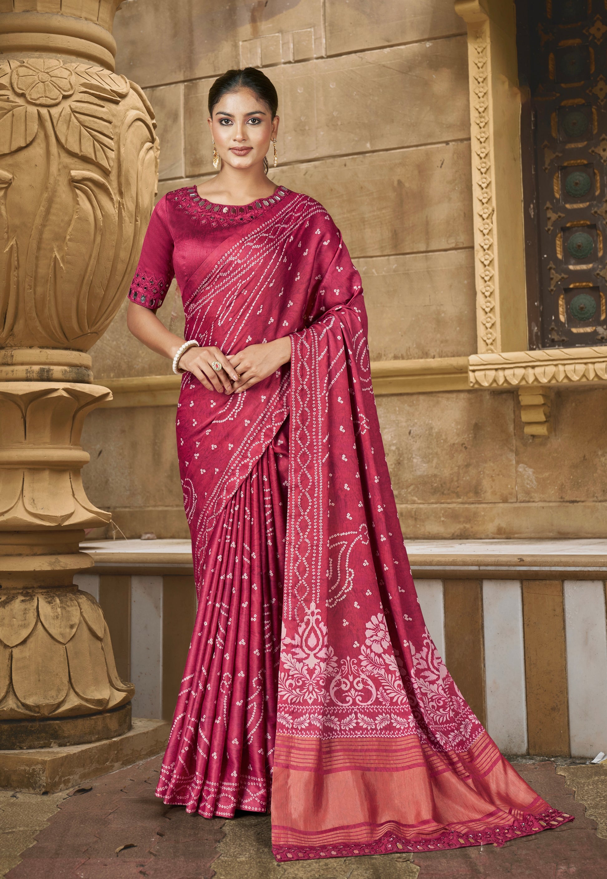 Pink Bandhani Print Gajji Silk Saree with Mirror Handwork and Handwork Border