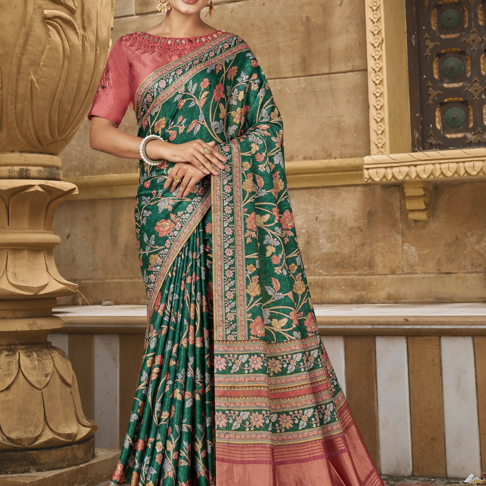 Green Floral Print Gajji Silk Saree with Handwork and Stone Work Border