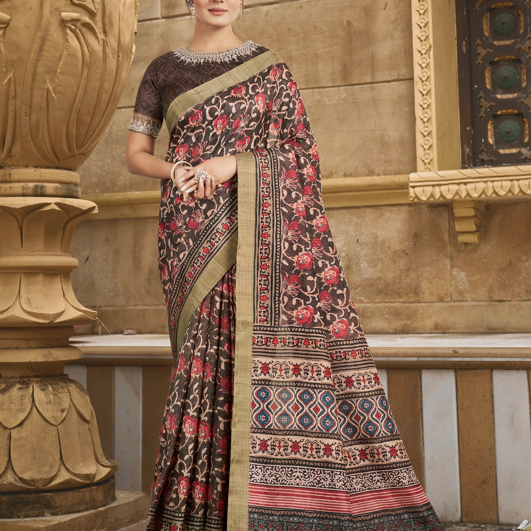 Beige and Maroon Floral Print Gajji Silk Saree with Handwork and Stone Work Border
