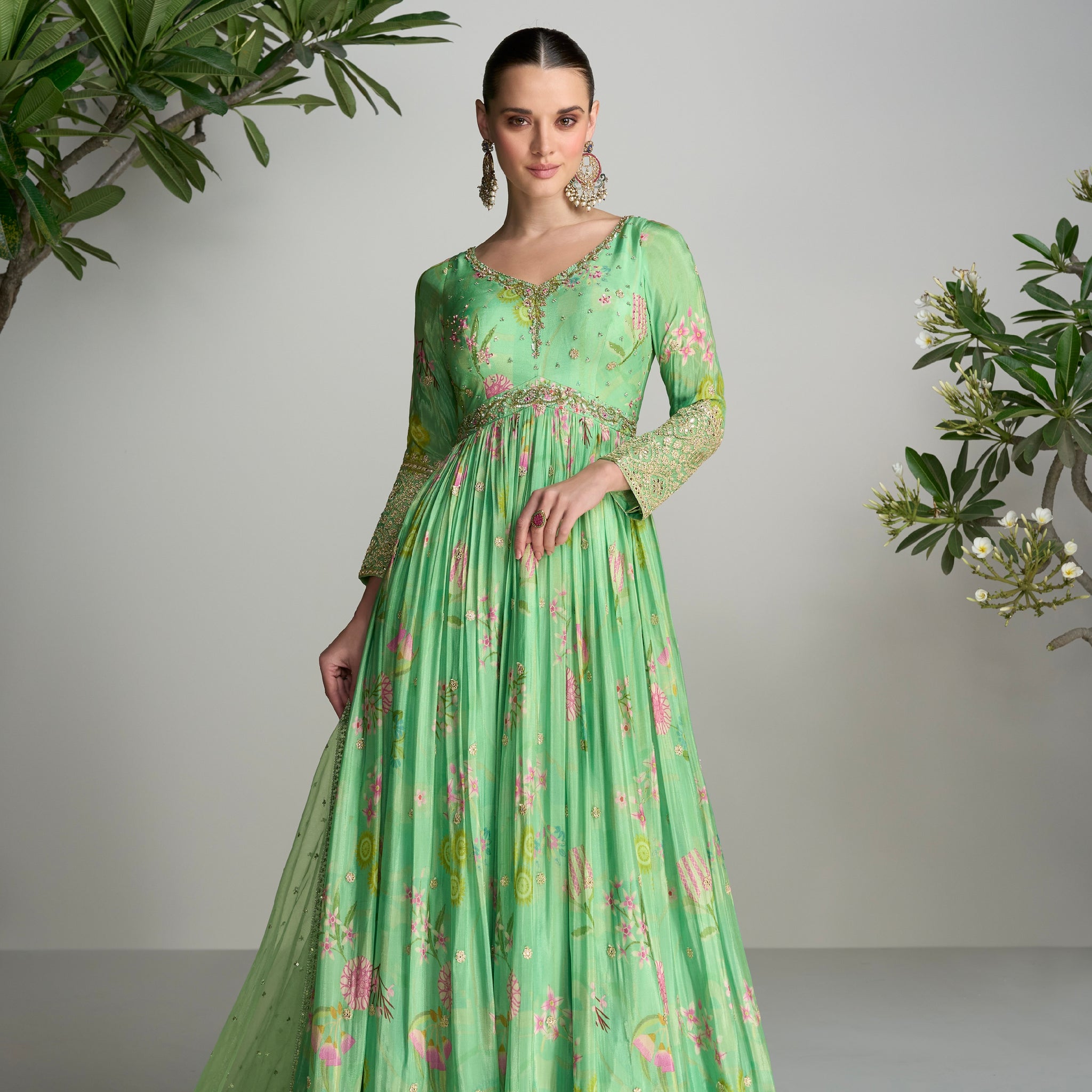 Light Green Floral Anarkali Suit in Real Chinon & Natural Creap with Soft Net Dupatta