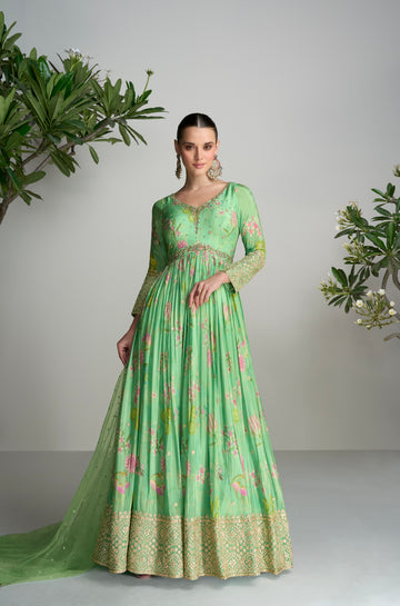 Light Green Floral Anarkali Suit in Real Chinon & Natural Creap with Soft Net Dupatta