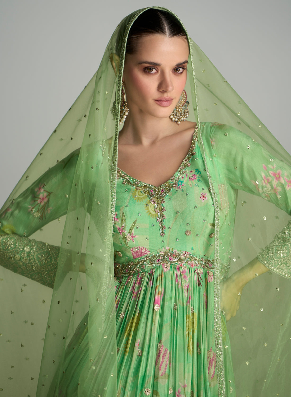 Light Green Floral Anarkali Suit in Real Chinon & Natural Creap with Soft Net Dupatta