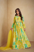 Yellow and Green Floral Anarkali Suit in Real Chinon & Natural Creap with Soft Net Dupatta