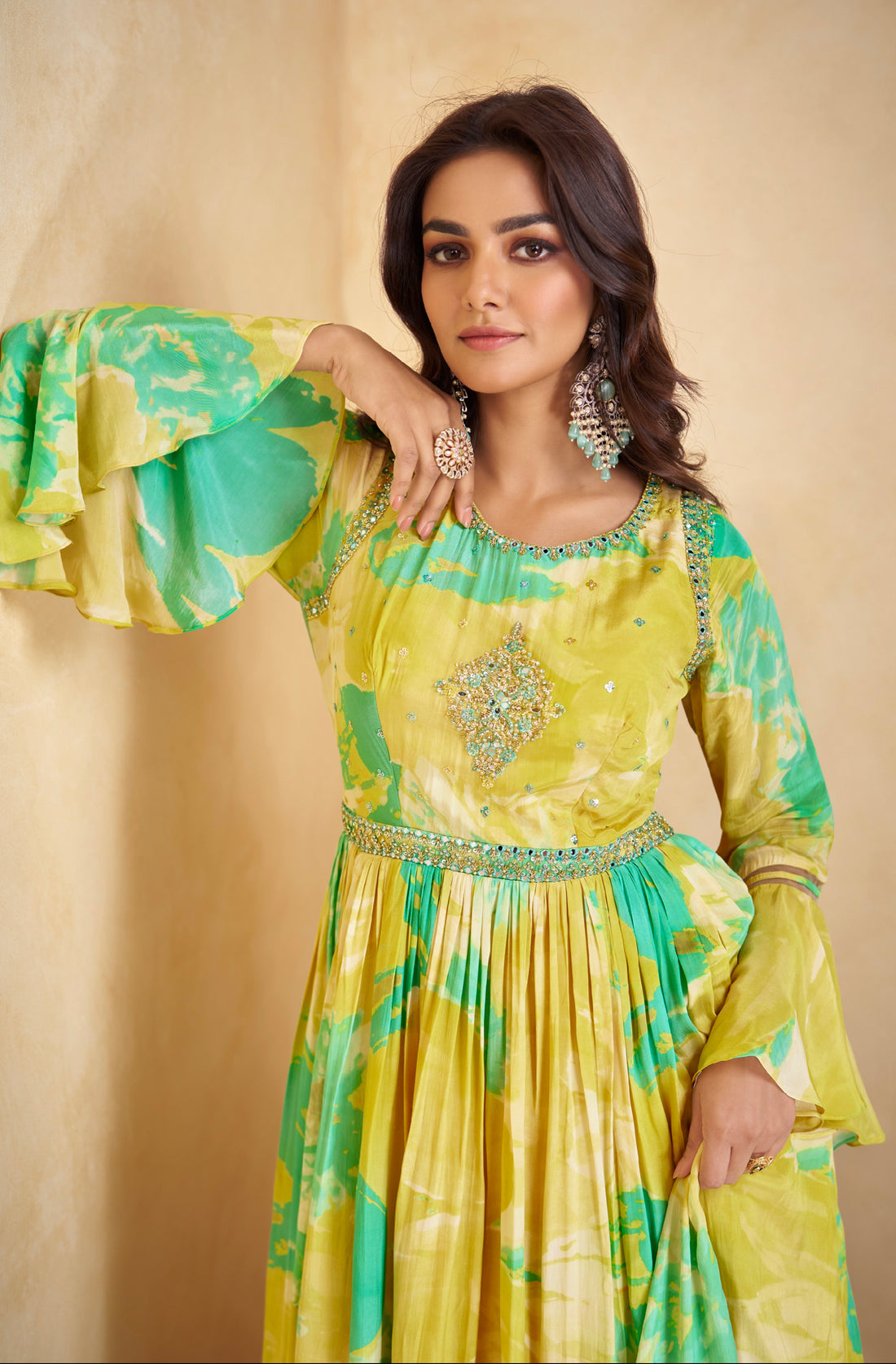 Yellow and Green Floral Anarkali Suit in Real Chinon & Natural Creap with Soft Net Dupatta