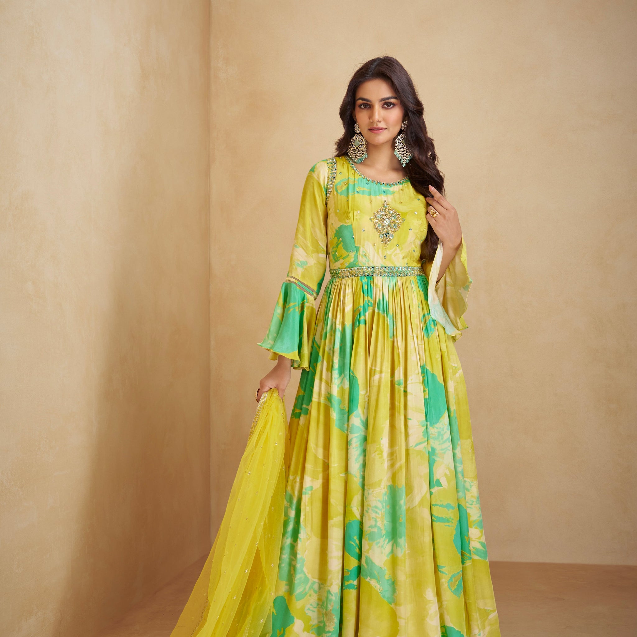 Yellow and Green Floral Anarkali Suit in Real Chinon & Natural Creap with Soft Net Dupatta