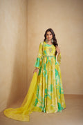 Yellow and Green Floral Anarkali Suit in Real Chinon & Natural Creap with Soft Net Dupatta