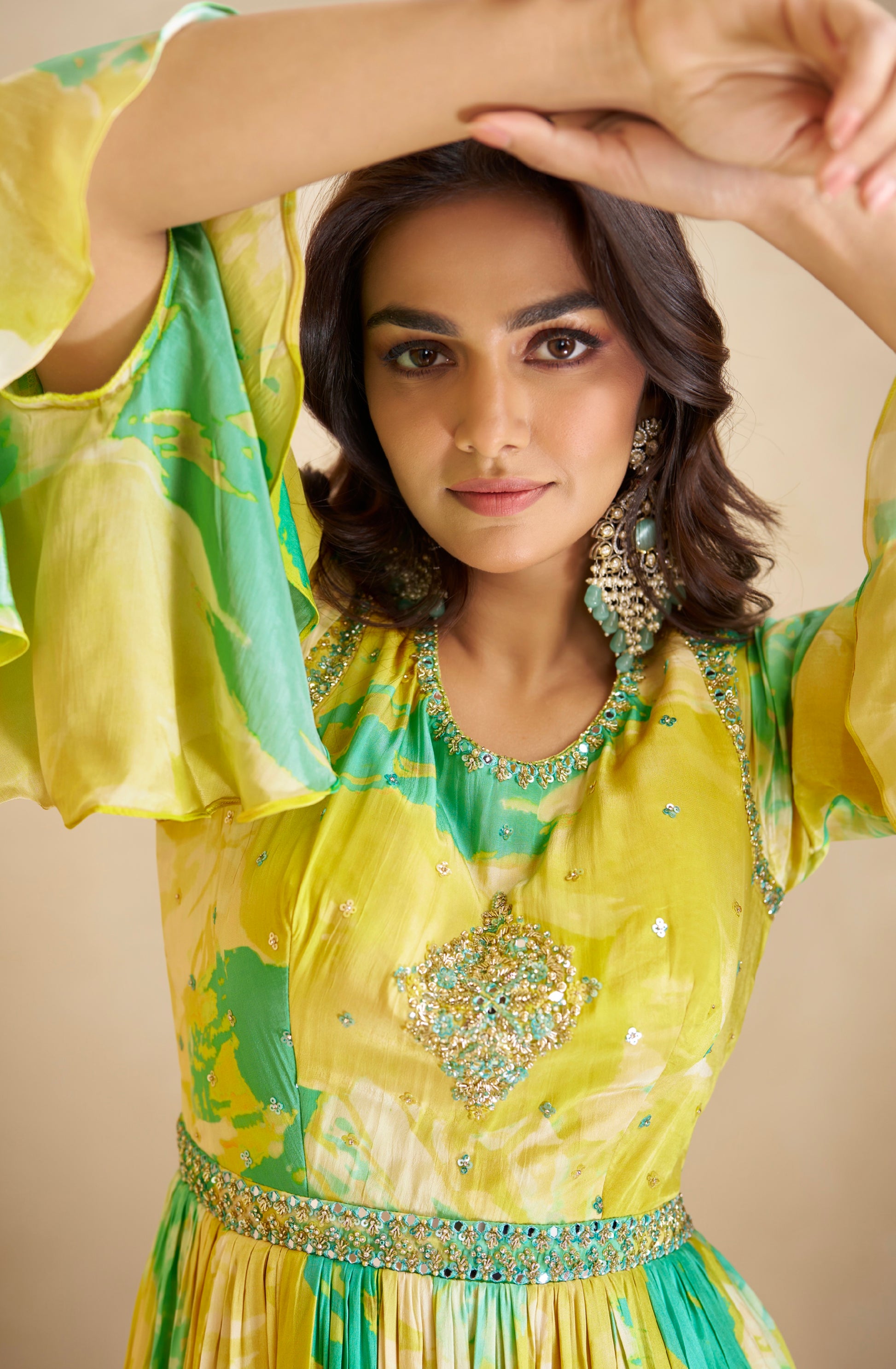 Yellow and Green Floral Anarkali Suit in Real Chinon & Natural Creap with Soft Net Dupatta