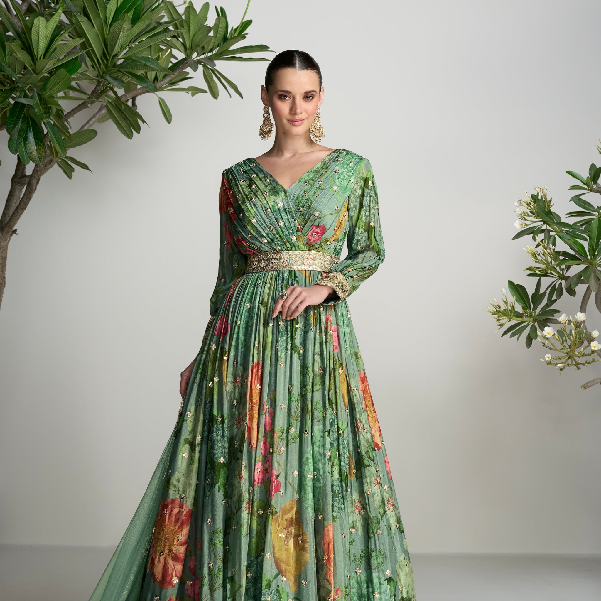 Dark Green Floral Anarkali Suit in Real Chinon & Natural Creap with Soft Net Dupatta