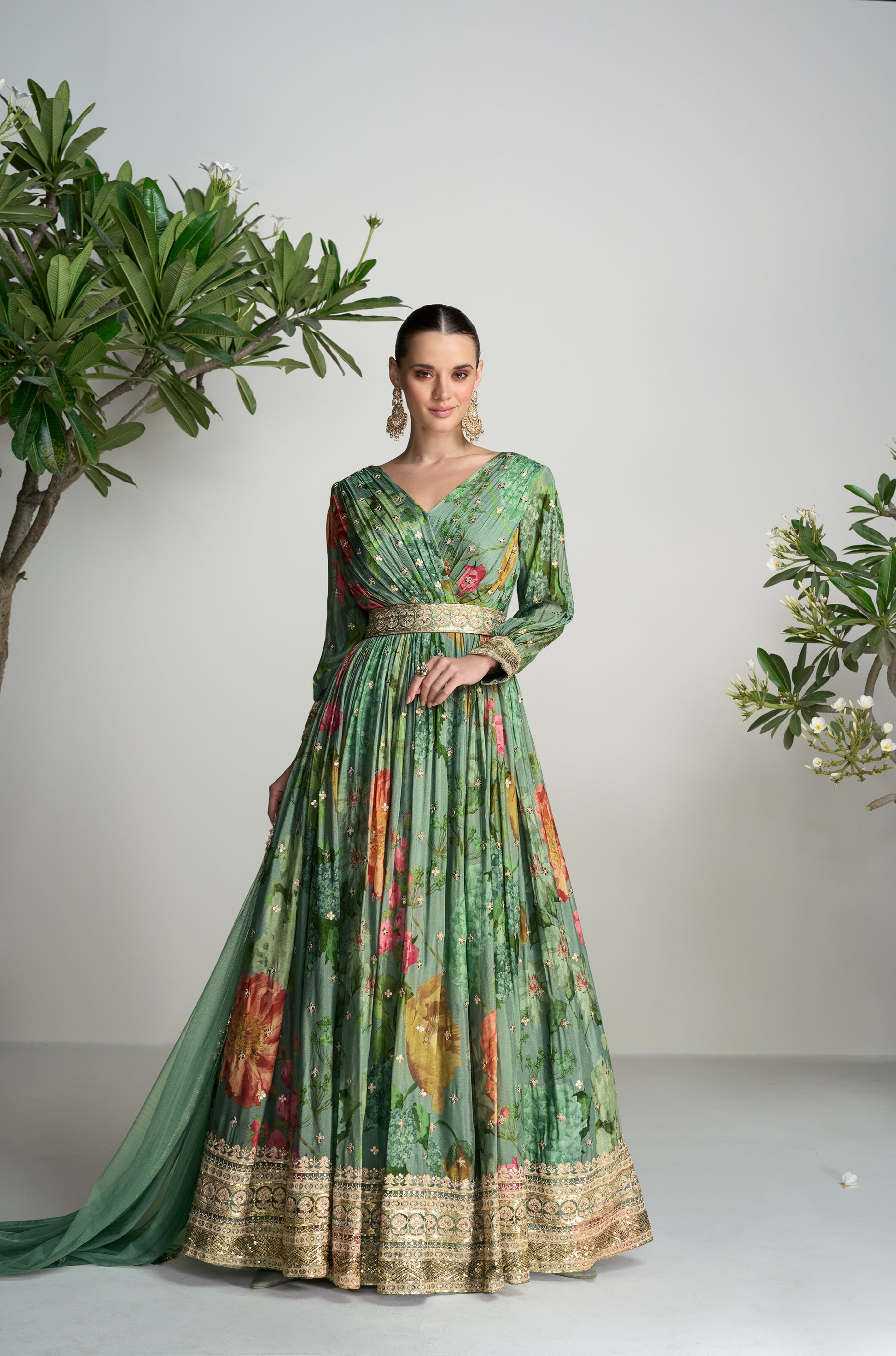 Dark Green Floral Anarkali Suit in Real Chinon & Natural Creap with Soft Net Dupatta