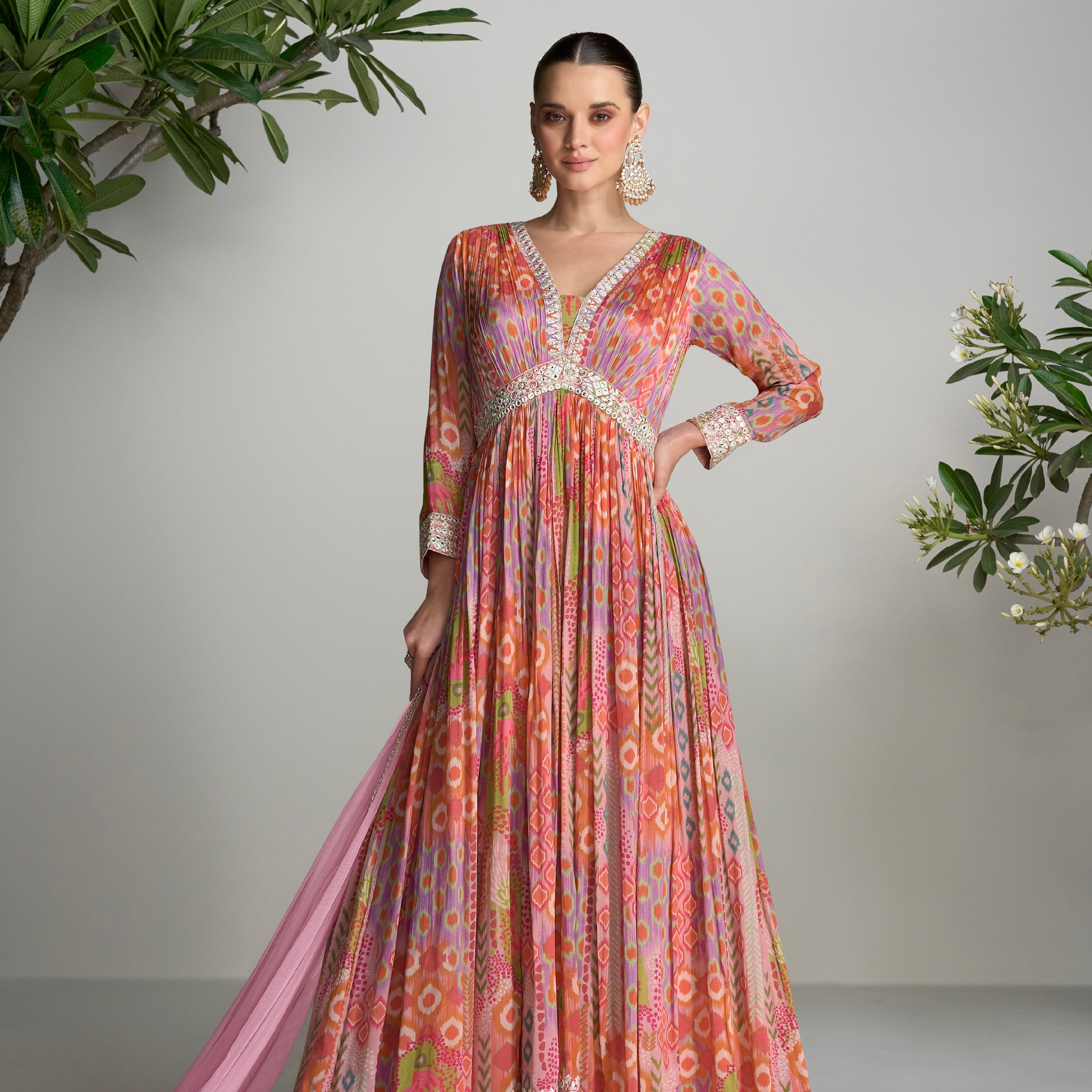 Multicolor Floral Anarkali Suit in Real Chinon & Natural Creap with Soft Net Dupatta