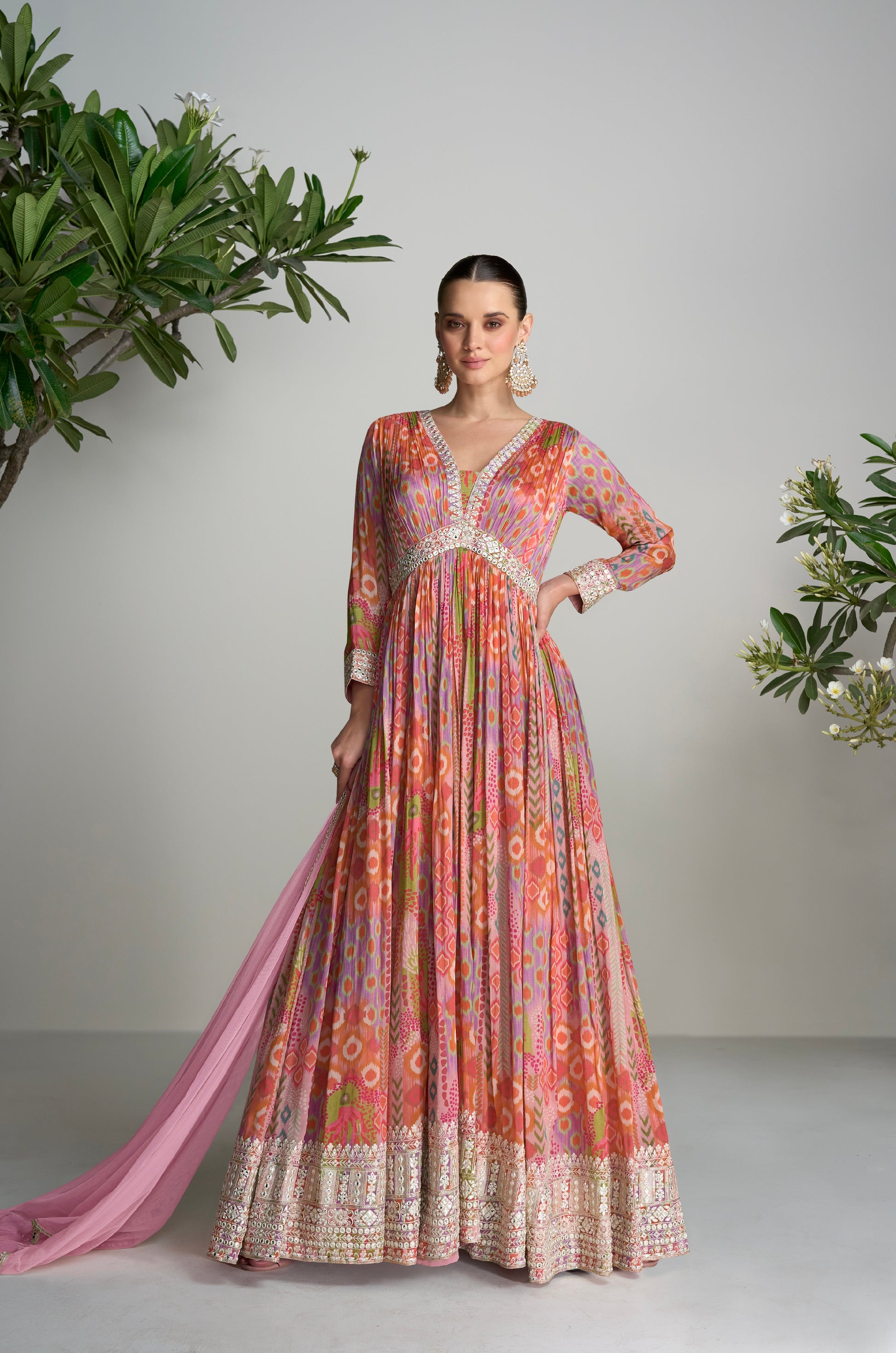 Multicolor Floral Anarkali Suit in Real Chinon & Natural Creap with Soft Net Dupatta