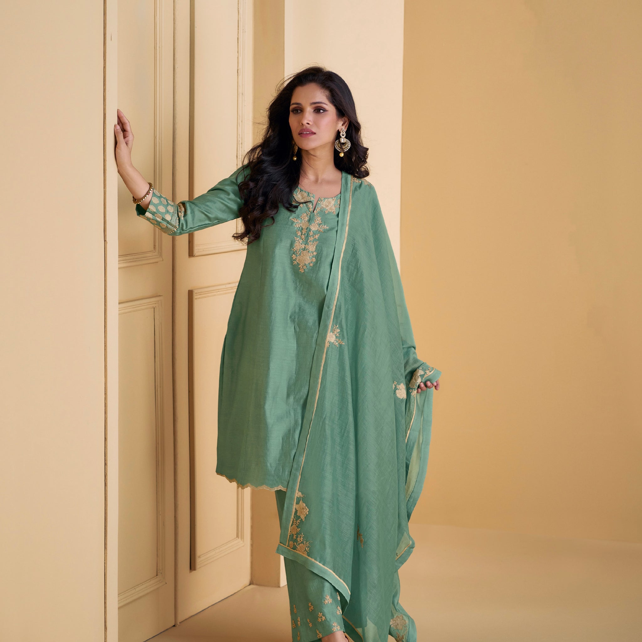 Green Pure Silk Palazzo Suit with Embroidered Organza Dupatta