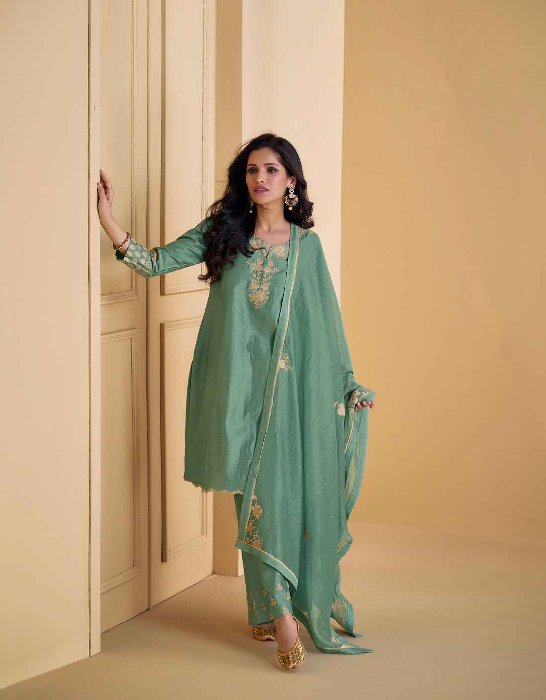 Green Pure Silk Palazzo Suit with Embroidered Organza Dupatta