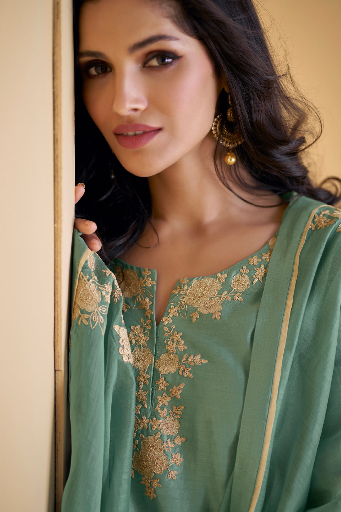 Green Pure Silk Palazzo Suit with Embroidered Organza Dupatta