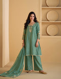 Green Pure Silk Palazzo Suit with Embroidered Organza Dupatta