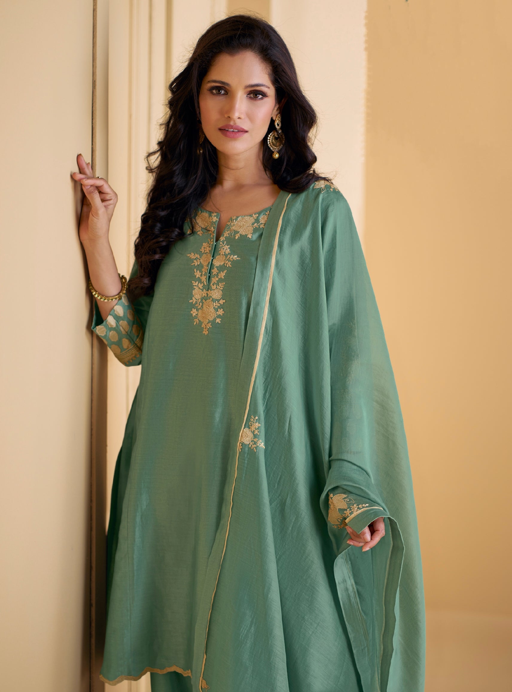 Green Pure Silk Palazzo Suit with Embroidered Organza Dupatta