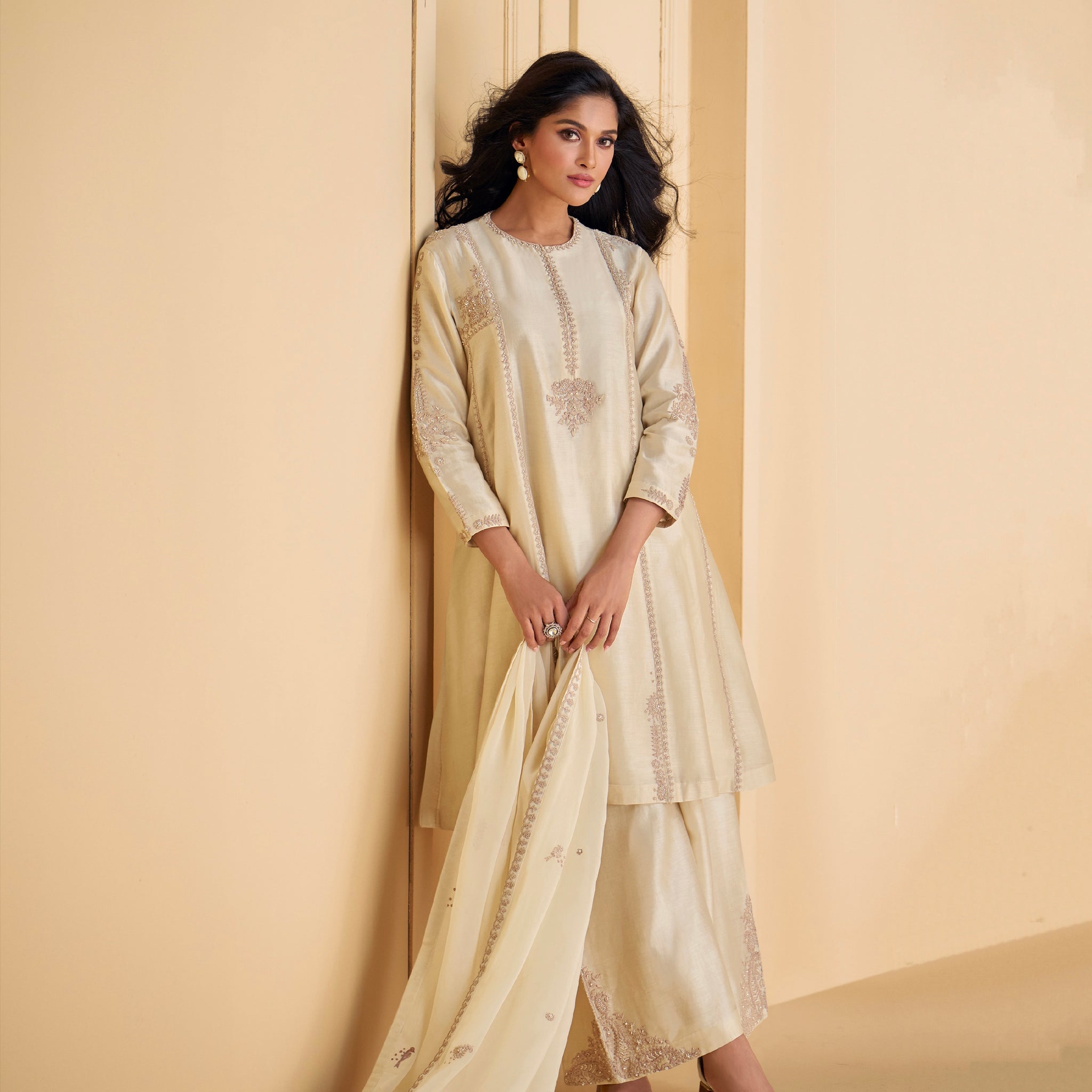 Ivory Pure Silk Palazzo Suit with Embroidered Organza Dupatta