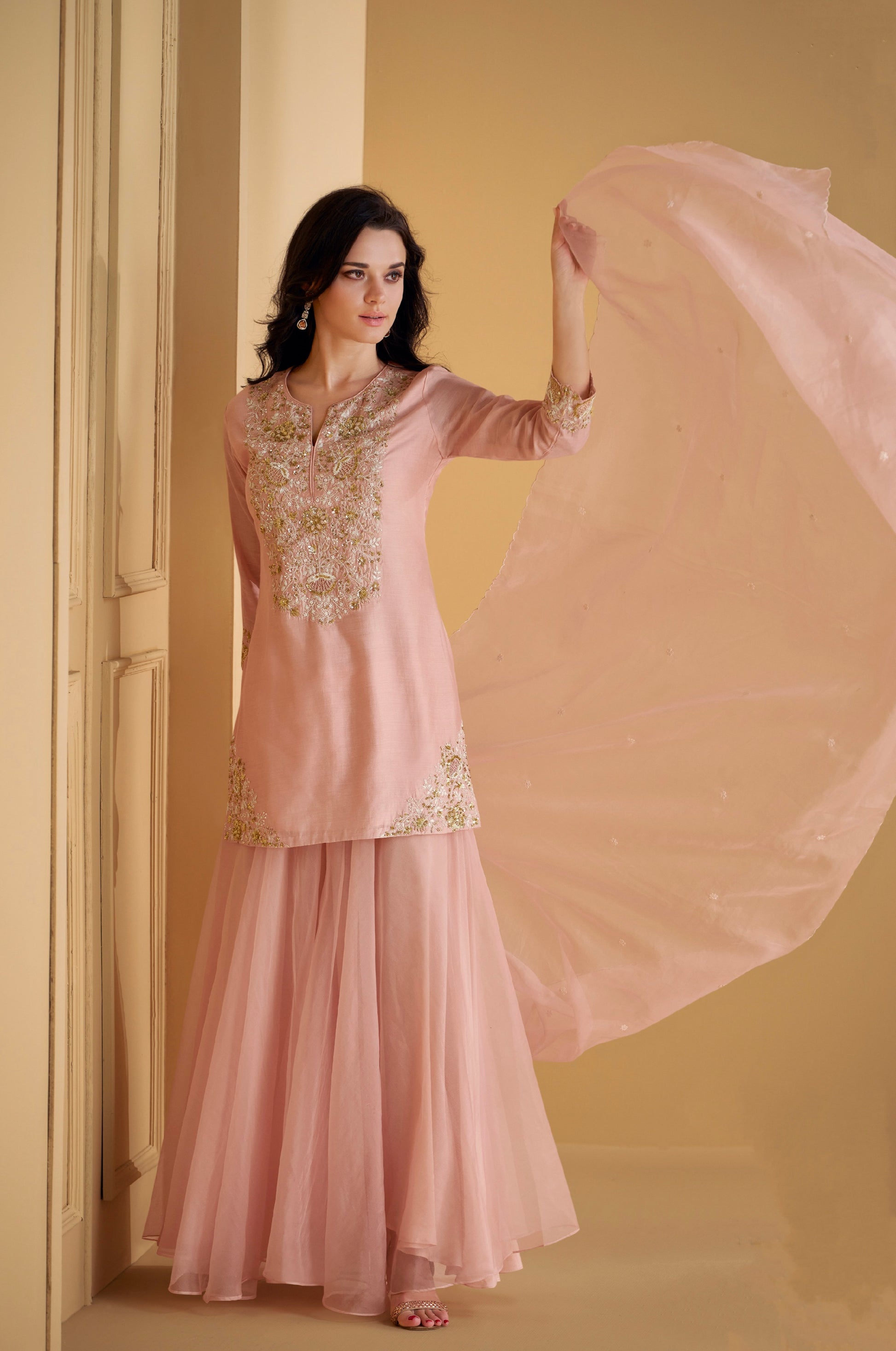 Blush Pink Pure Silk Palazzo Suit with Embroidered Organza Dupatta