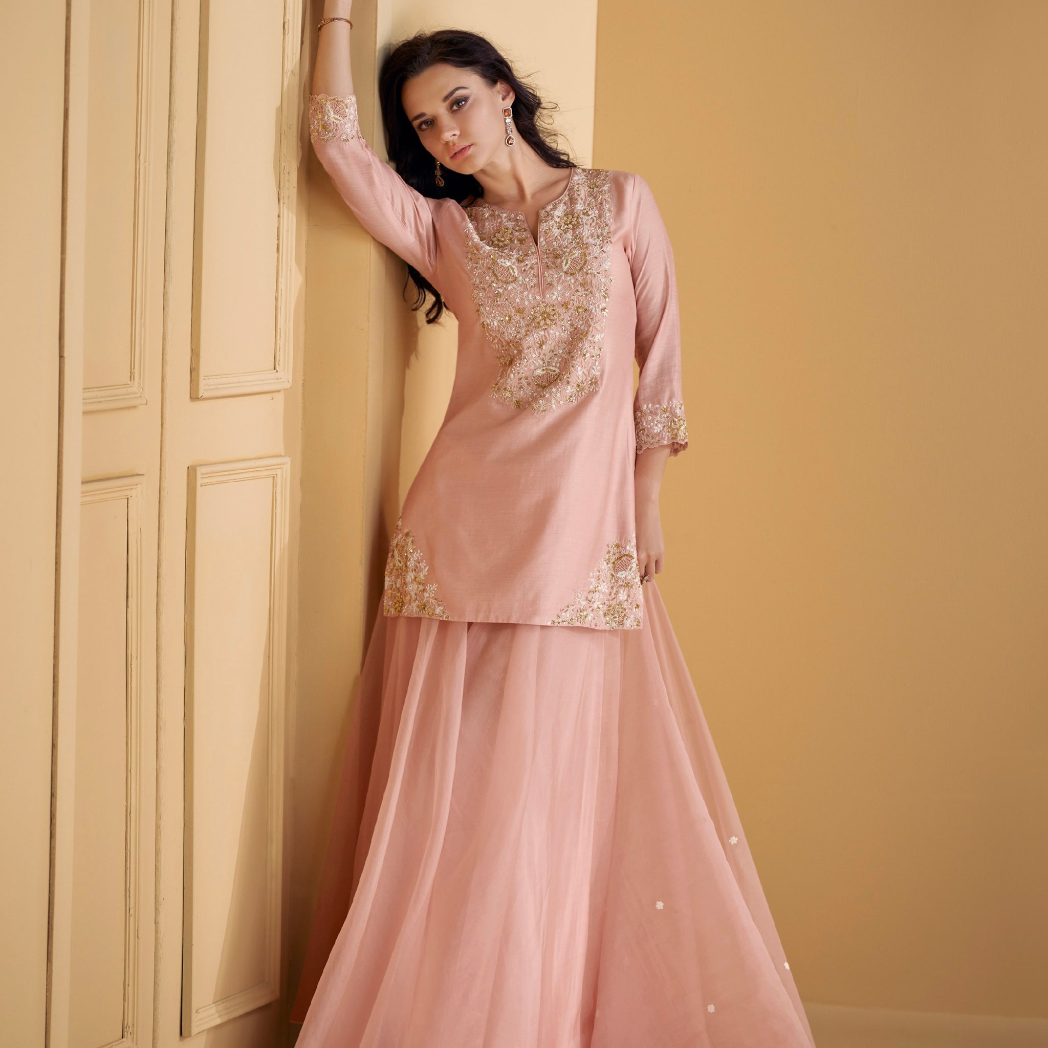 Blush Pink Pure Silk Palazzo Suit with Embroidered Organza Dupatta