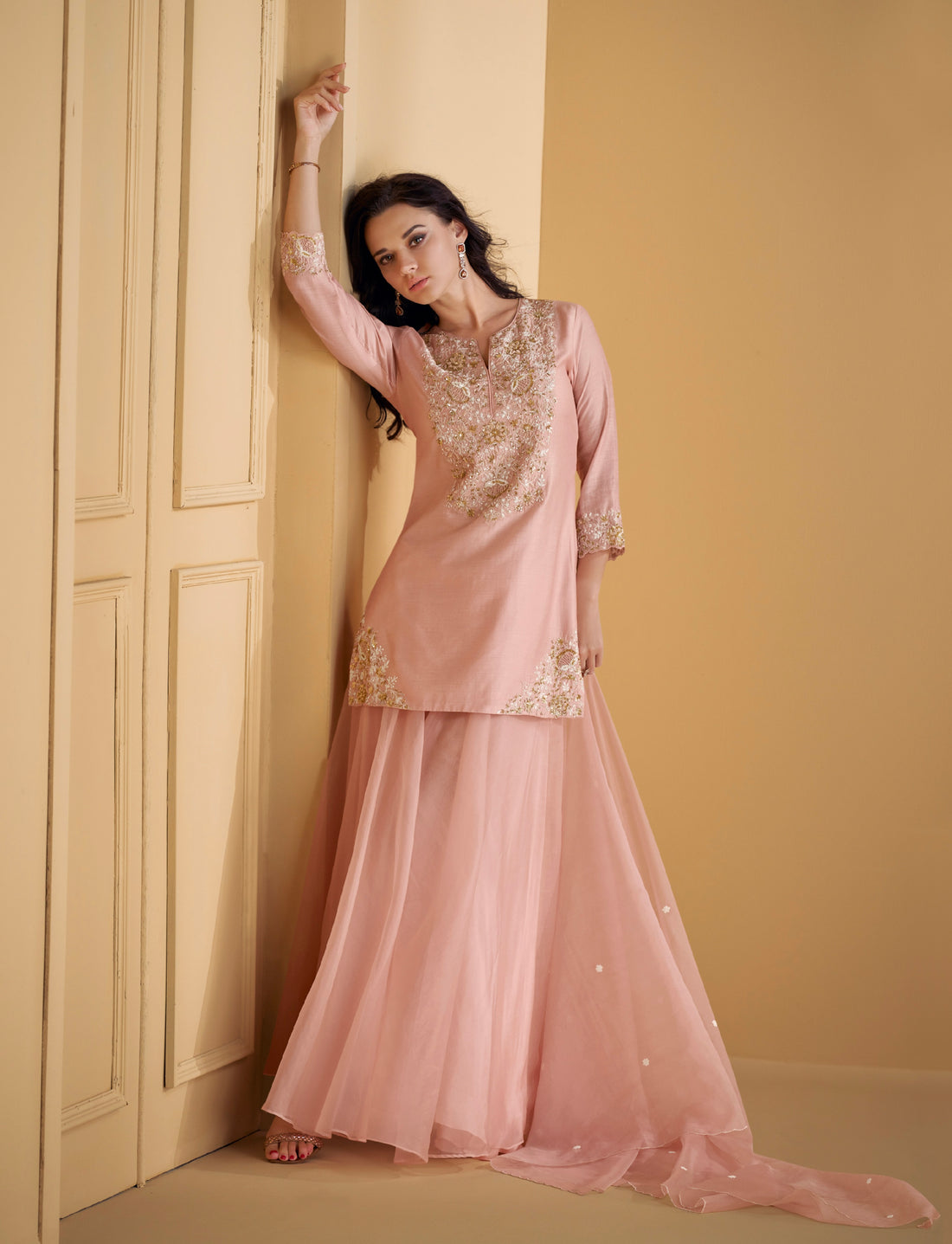 Blush Pink Pure Silk Palazzo Suit with Embroidered Organza Dupatta