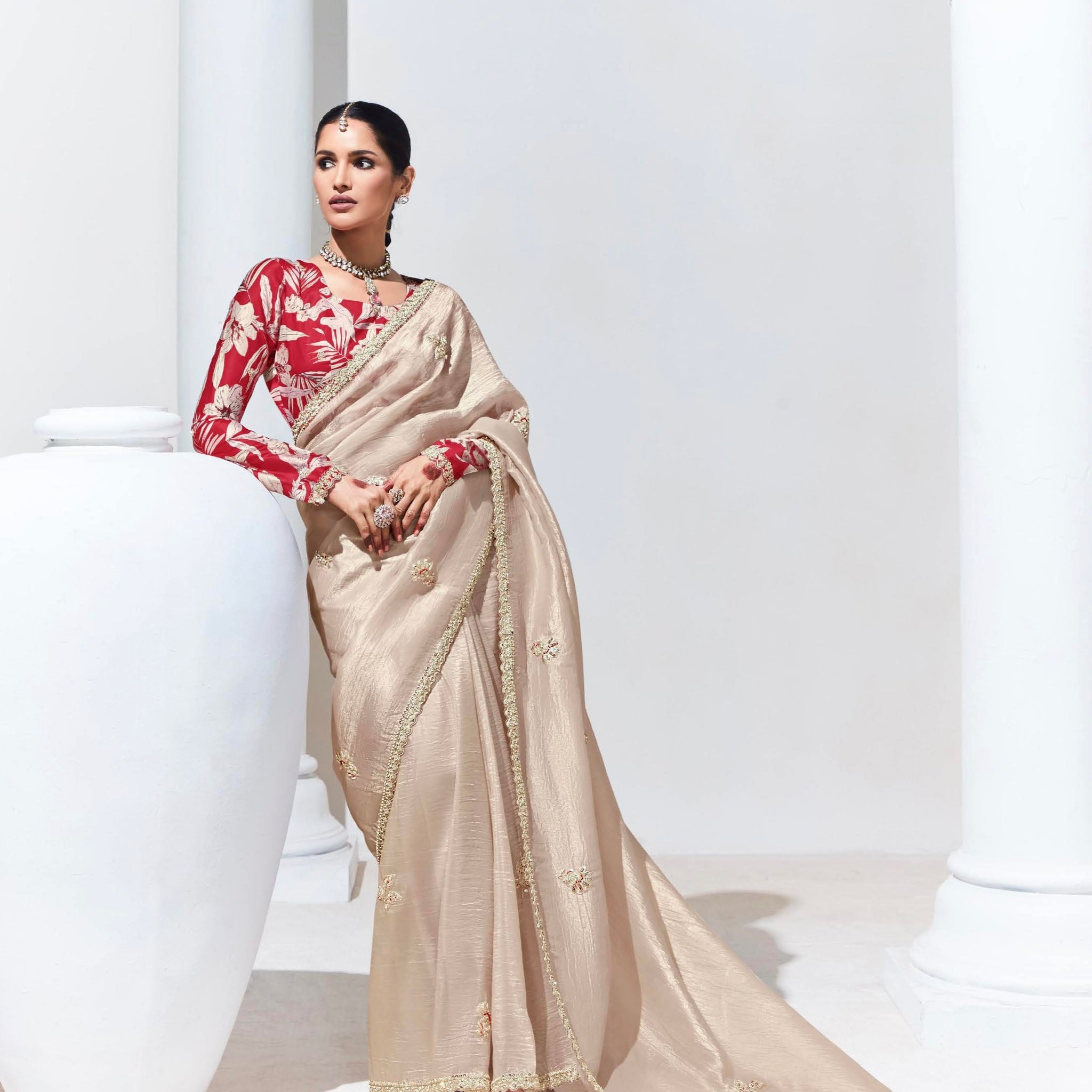 Beige Glass Tissue Saree with Sequins and Thread Embroidery