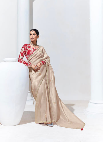 Beige Glass Tissue Saree with Sequins and Thread Embroidery